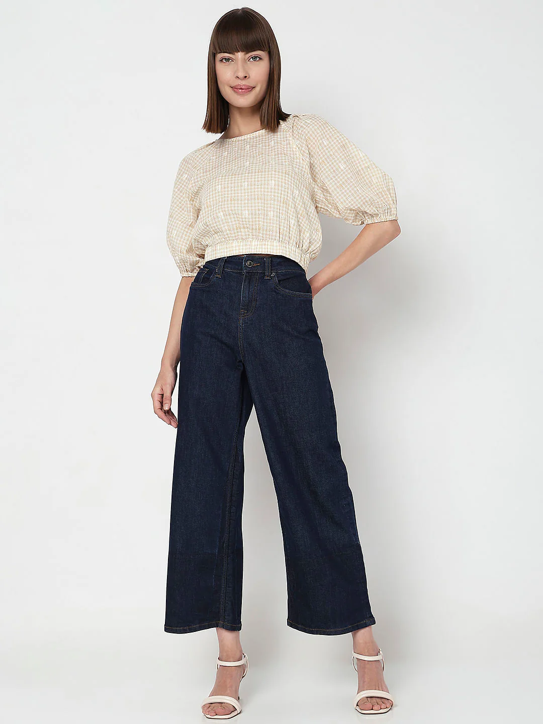 Beige Check Cropped Co-Ord Set Top - Image 5