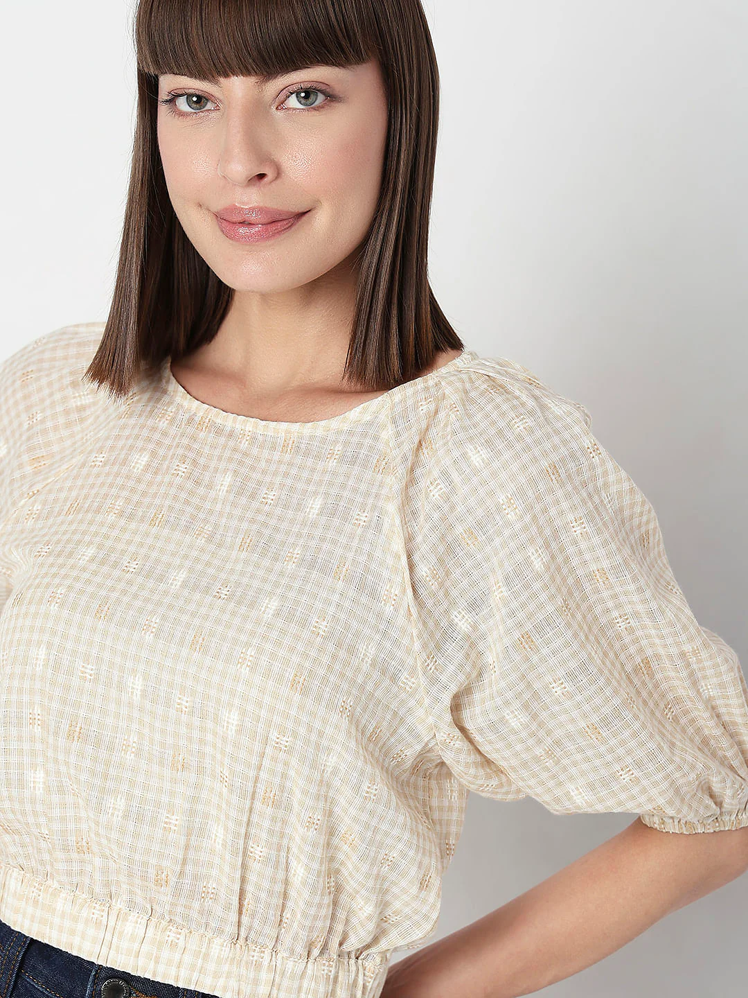 Beige Check Cropped Co-Ord Set Top - Image 6