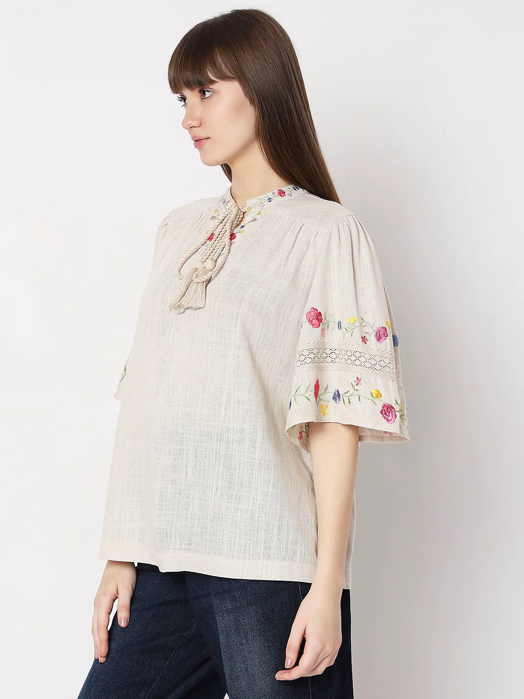 Beige Floral Embroidered Top - Image 2