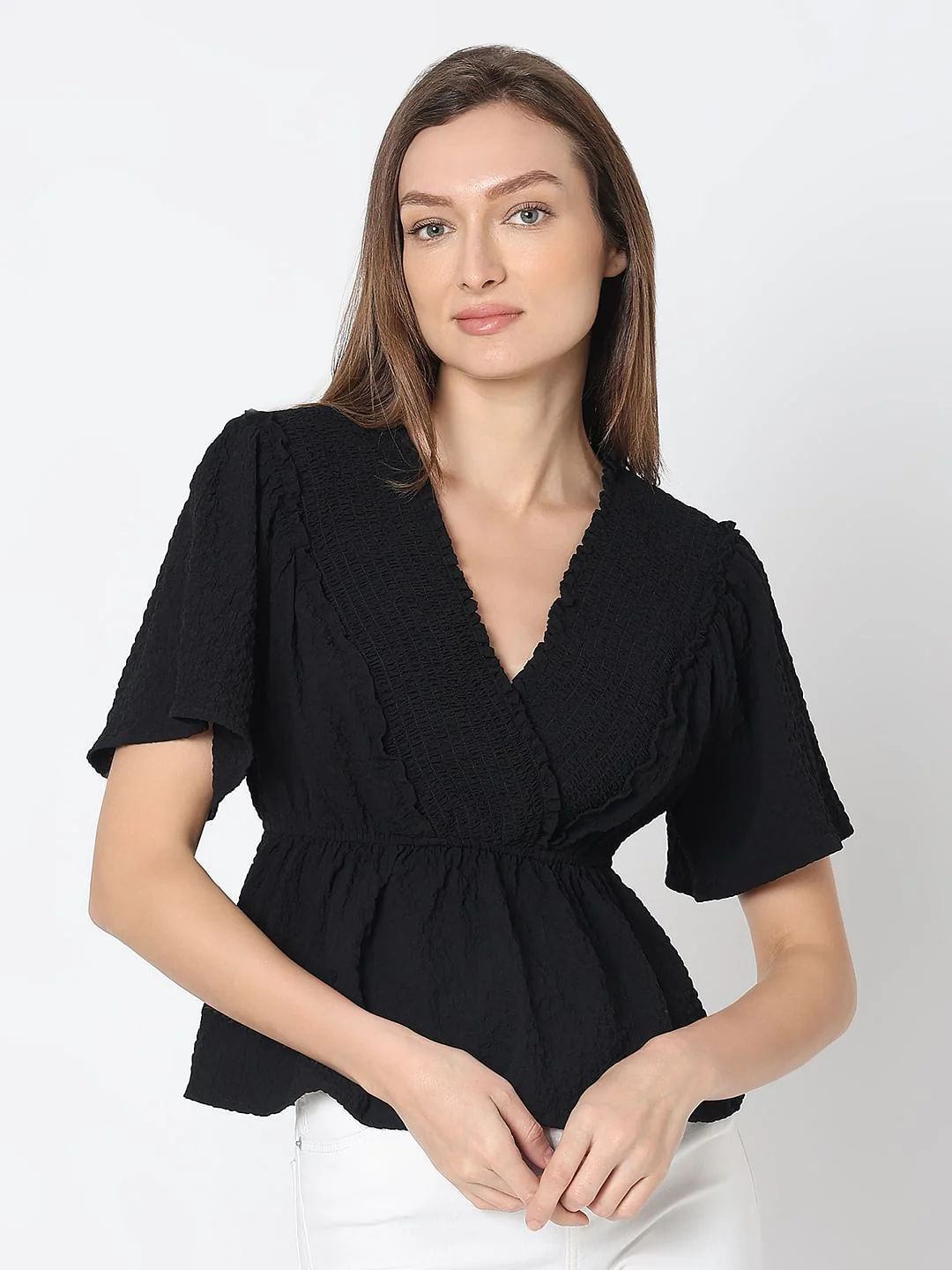 Black V-Neck Peplum Top - Image 2