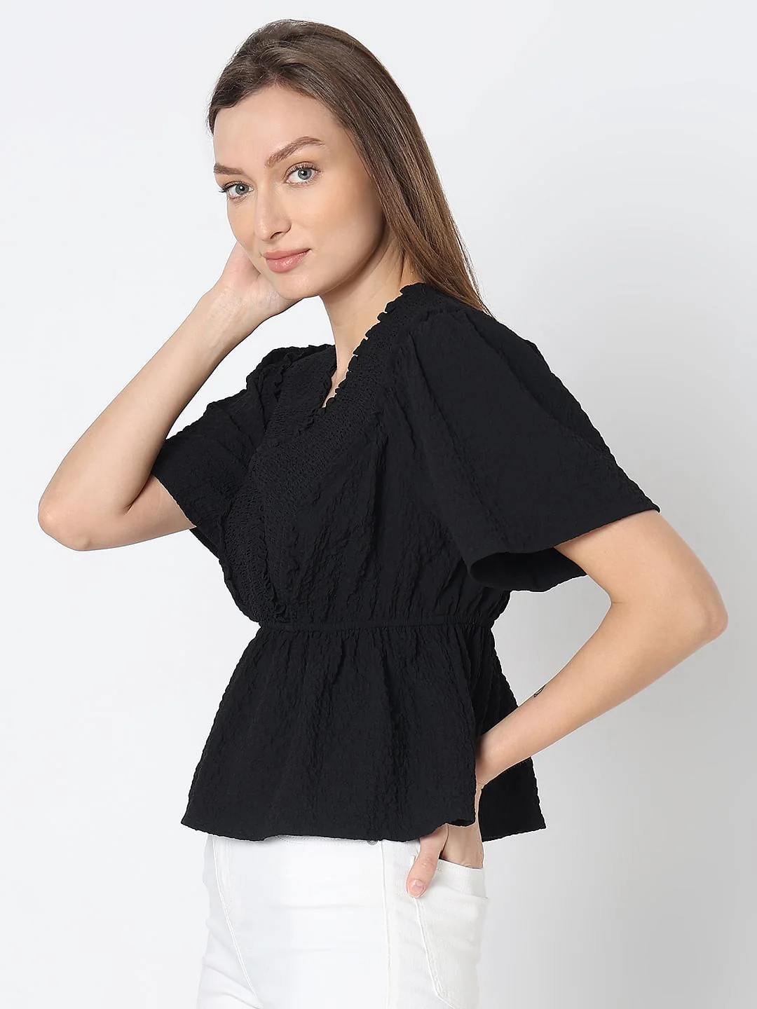 Black V-Neck Peplum Top - Image 3