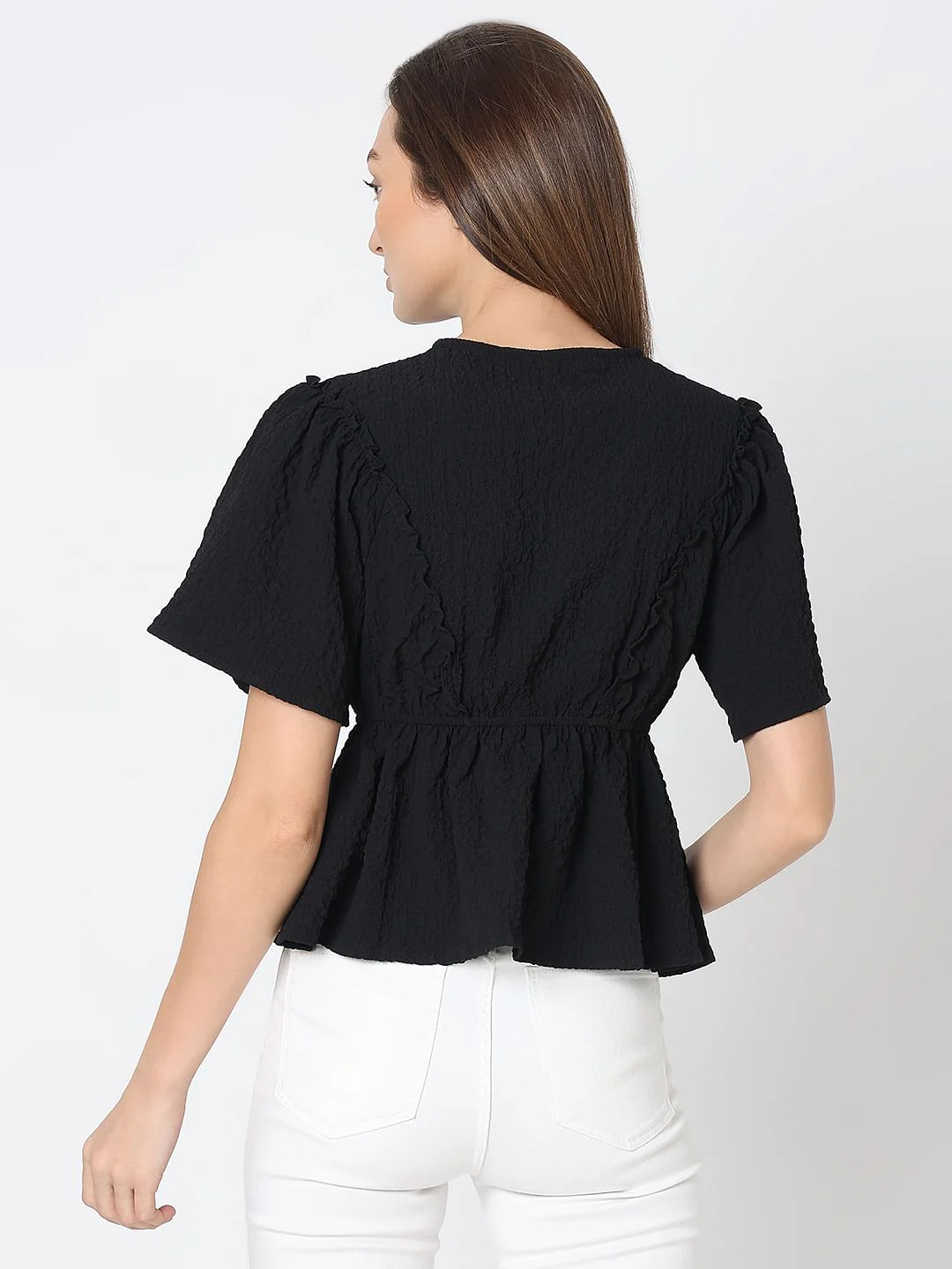 Black V-Neck Peplum Top - Image 4