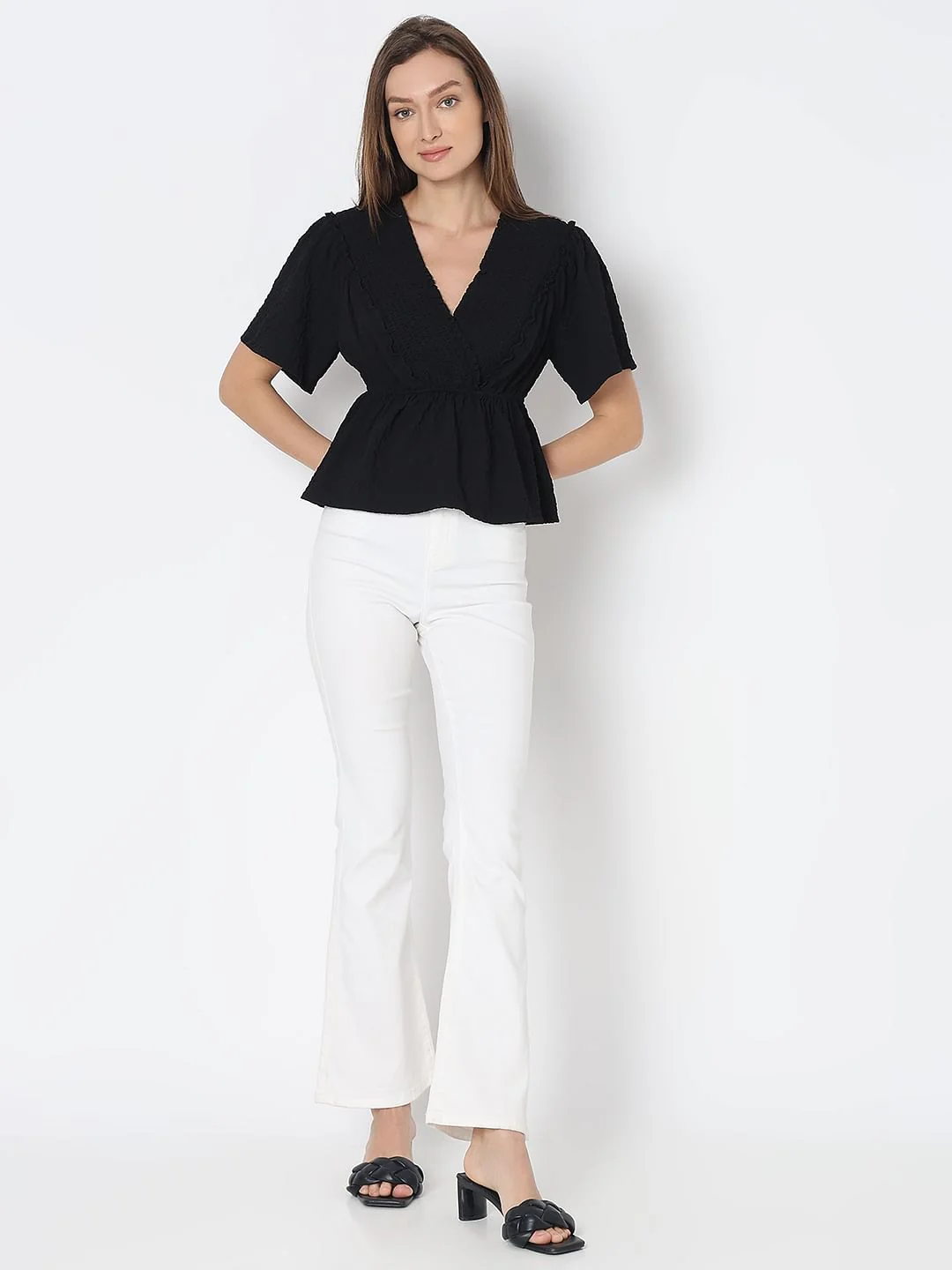 Black V-Neck Peplum Top - Image 5