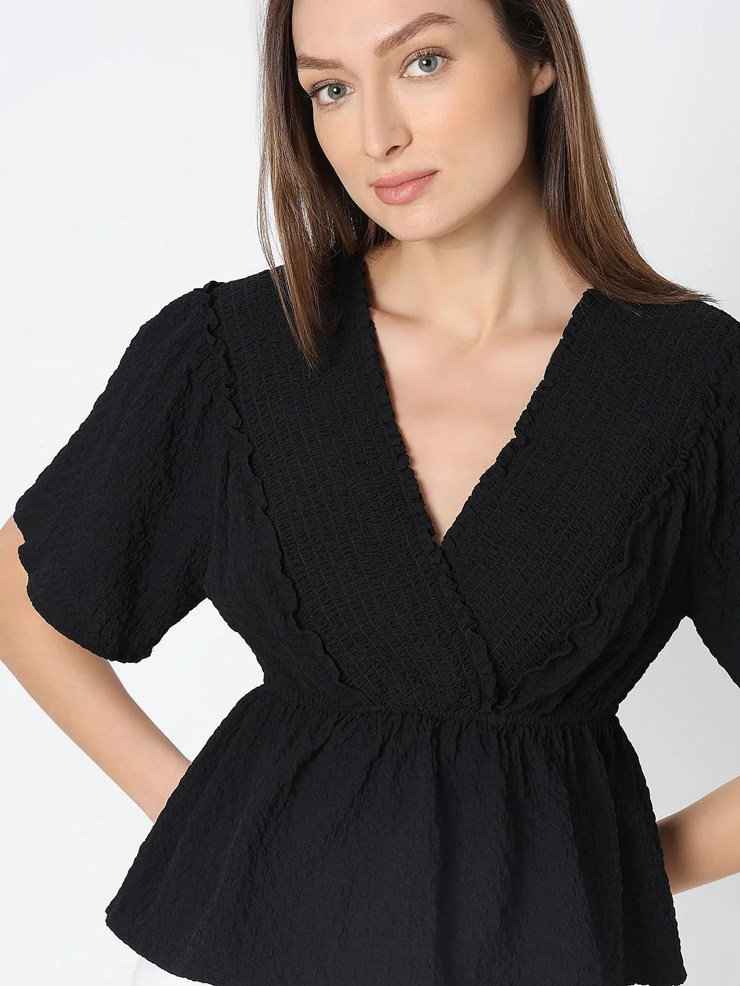 Black V-Neck Peplum Top - Image 6