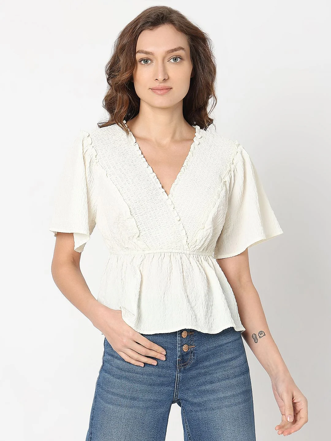 White Textured V-Neck Top - Image 2