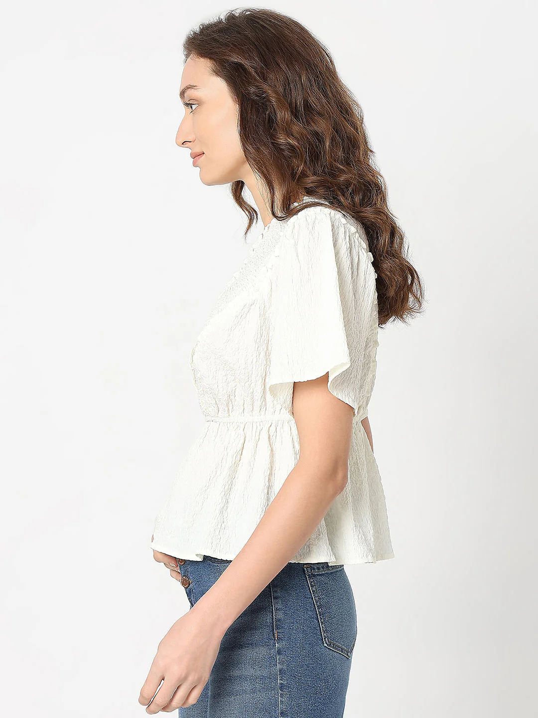 White Textured V-Neck Top - Image 3