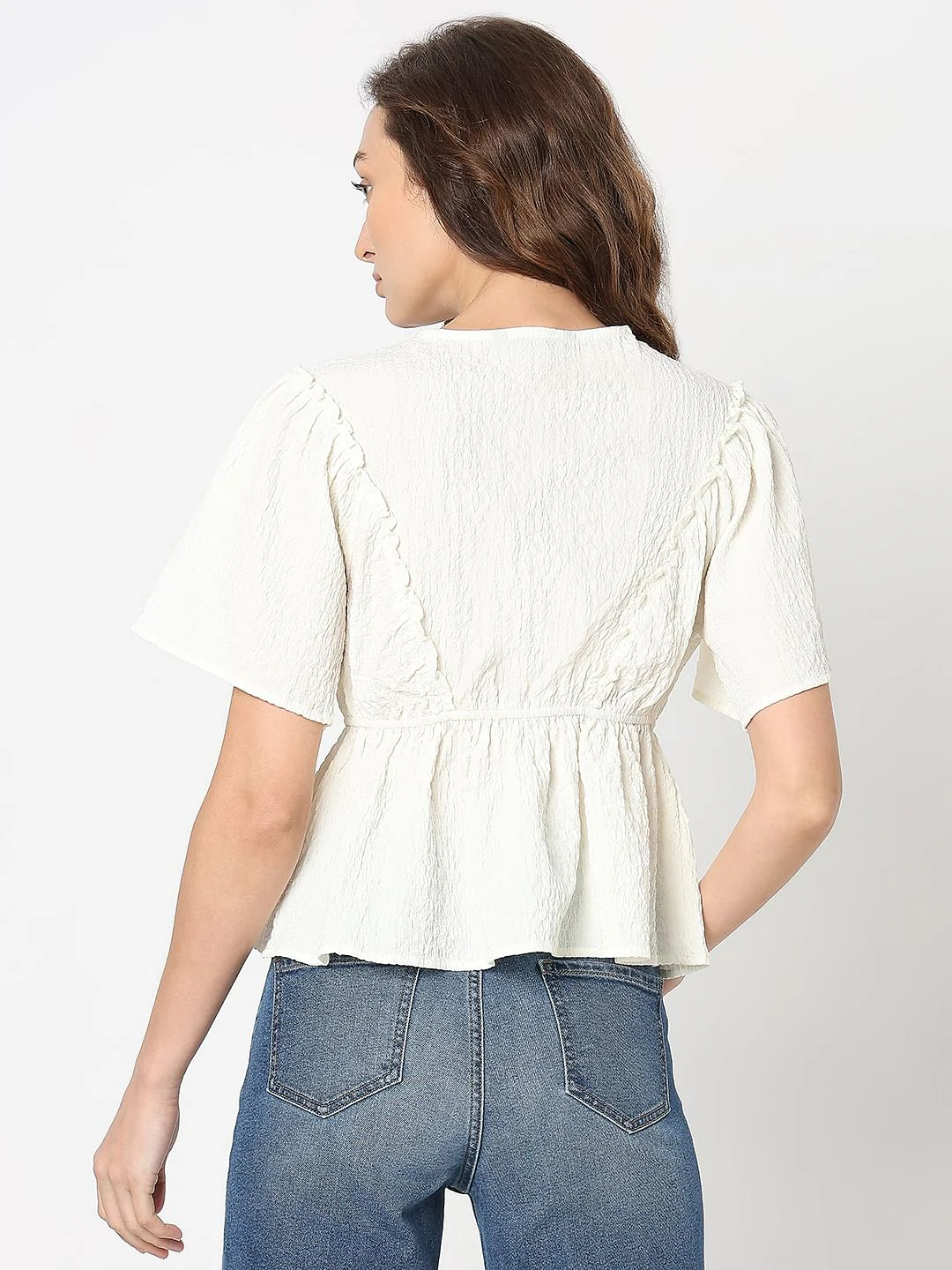 White Textured V-Neck Top - Image 4