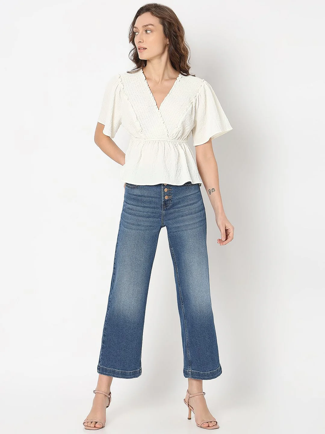 White Textured V-Neck Top - Image 5