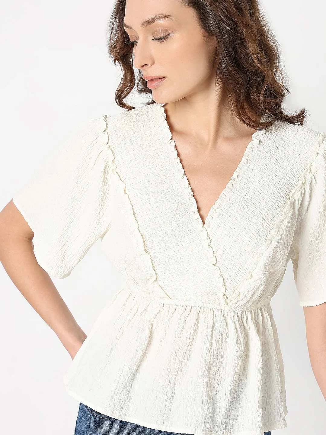 White Textured V-Neck Top - Image 6