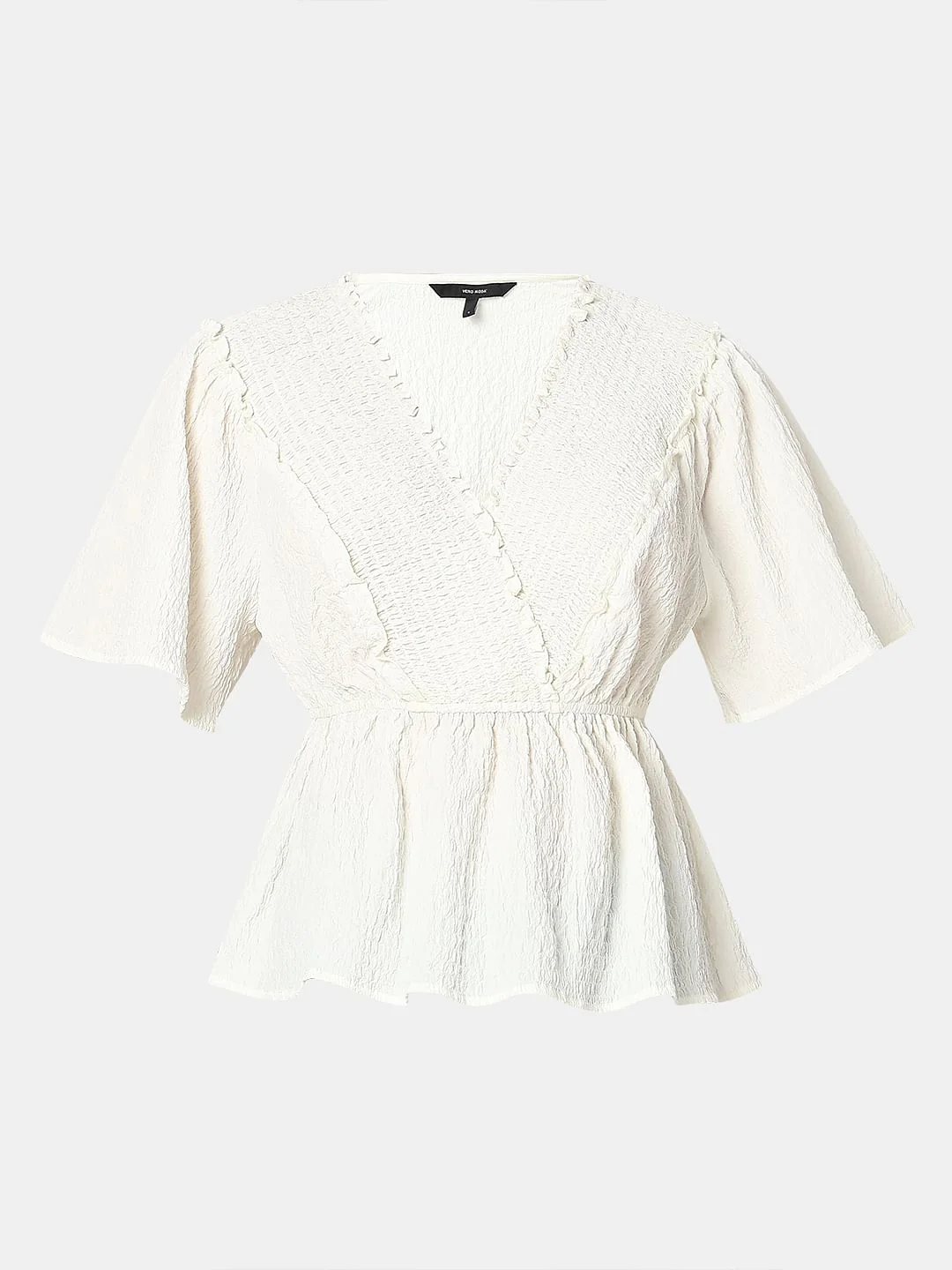 White Textured V-Neck Top - Image 7