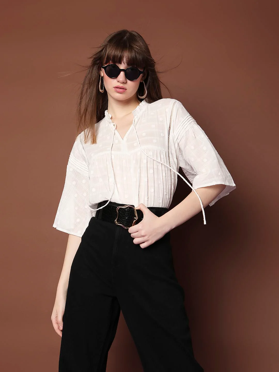 White Polka Dot Flared Top