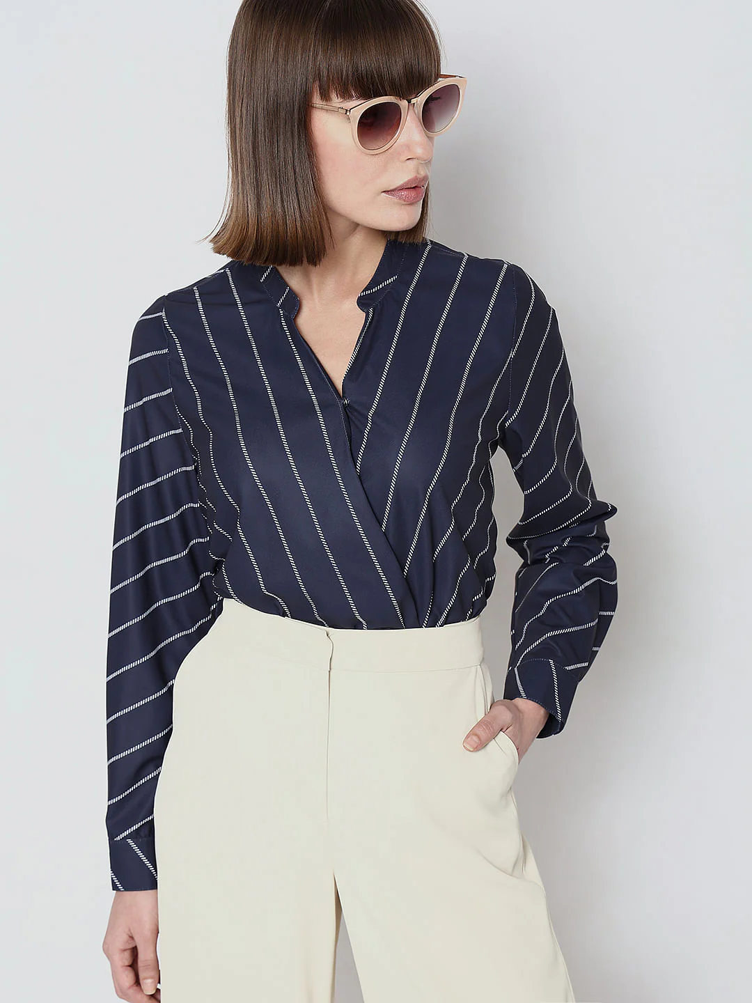Navy Blue Striped Full Sleeves Top