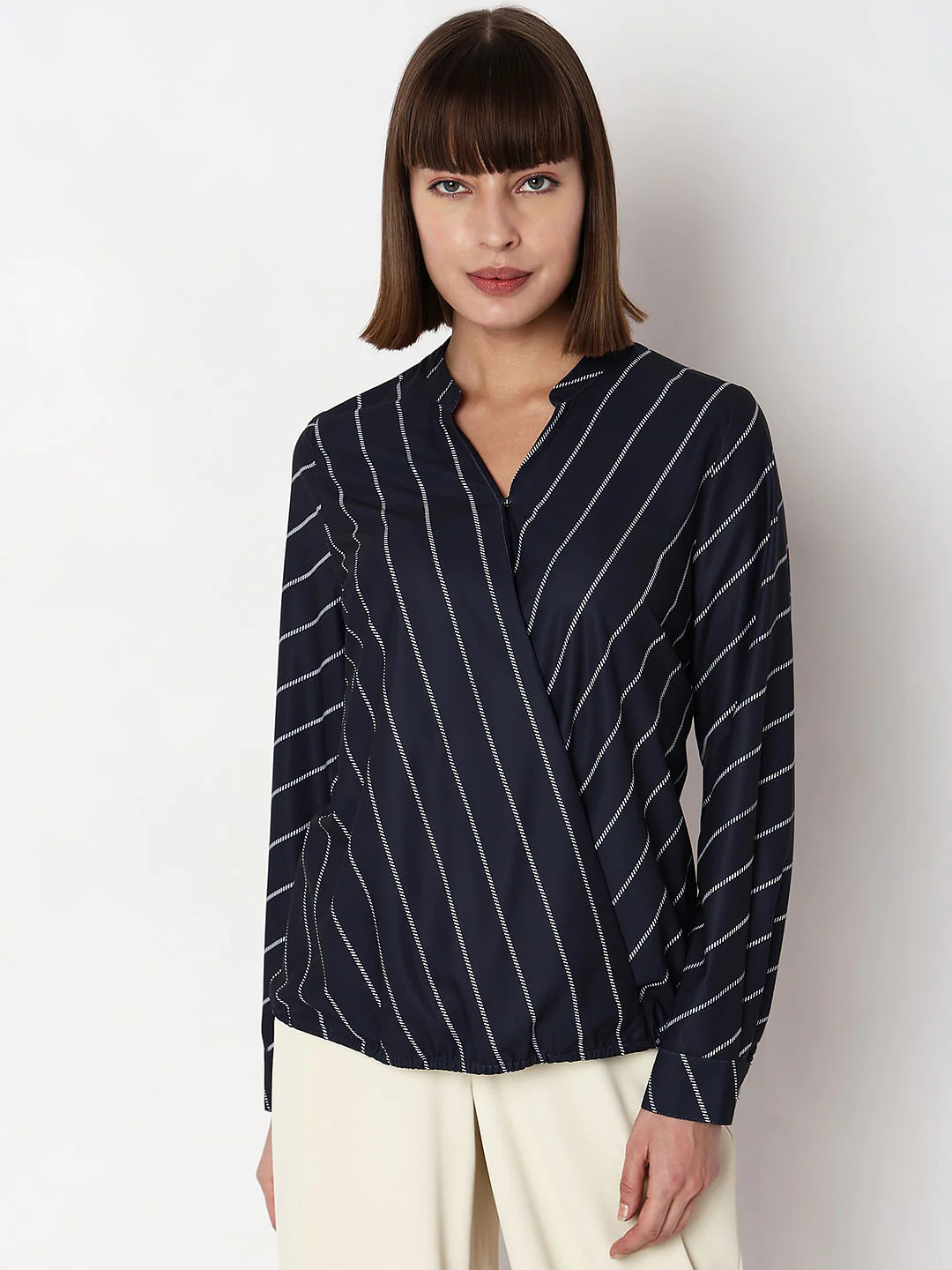 Navy Blue Striped Full Sleeves Top - Image 2