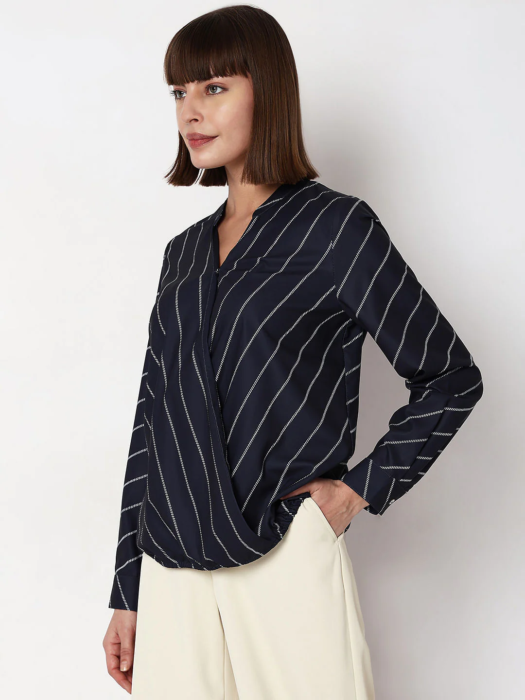 Navy Blue Striped Full Sleeves Top - Image 3