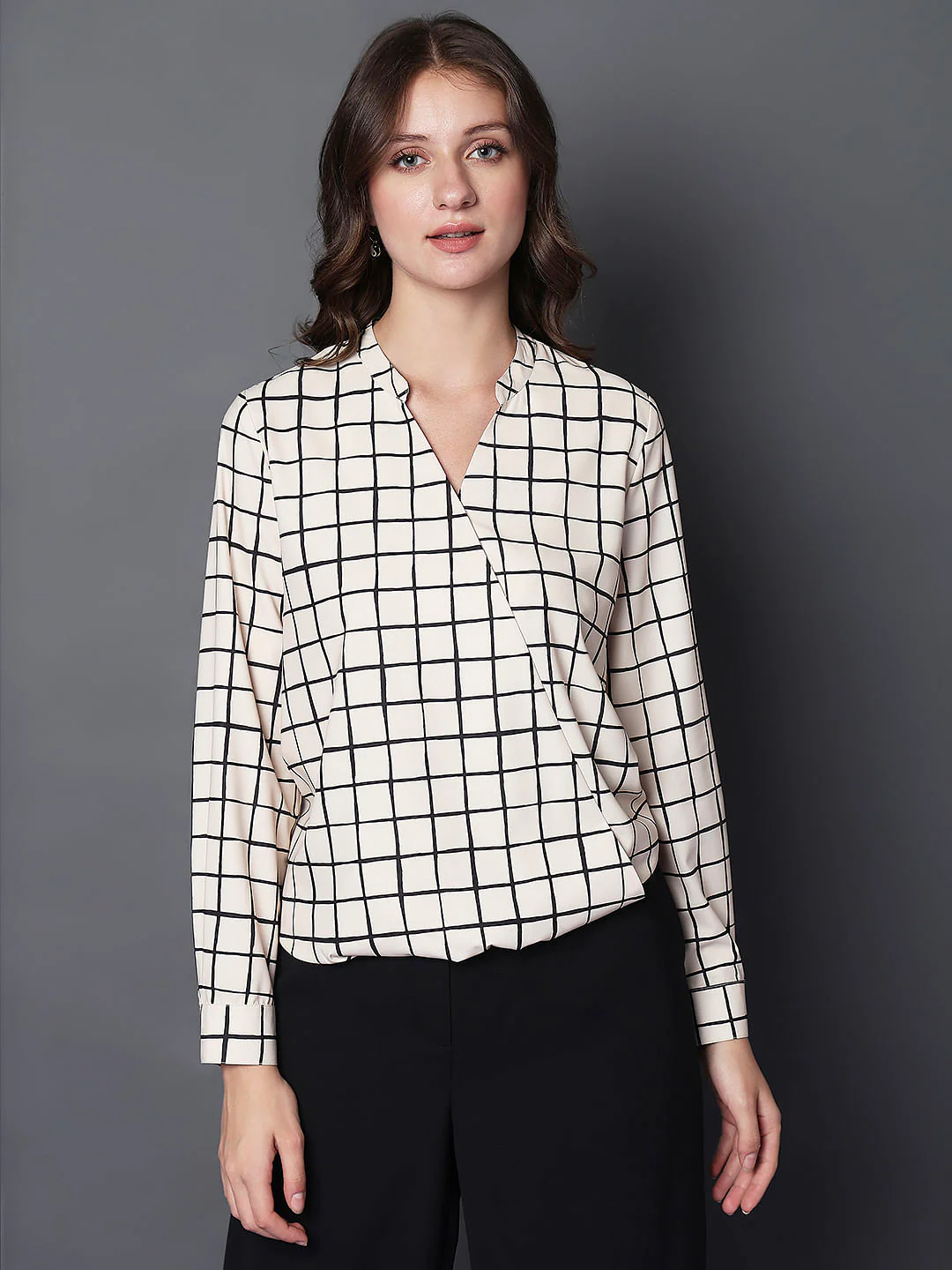 Beige Check Print Top - Image 2