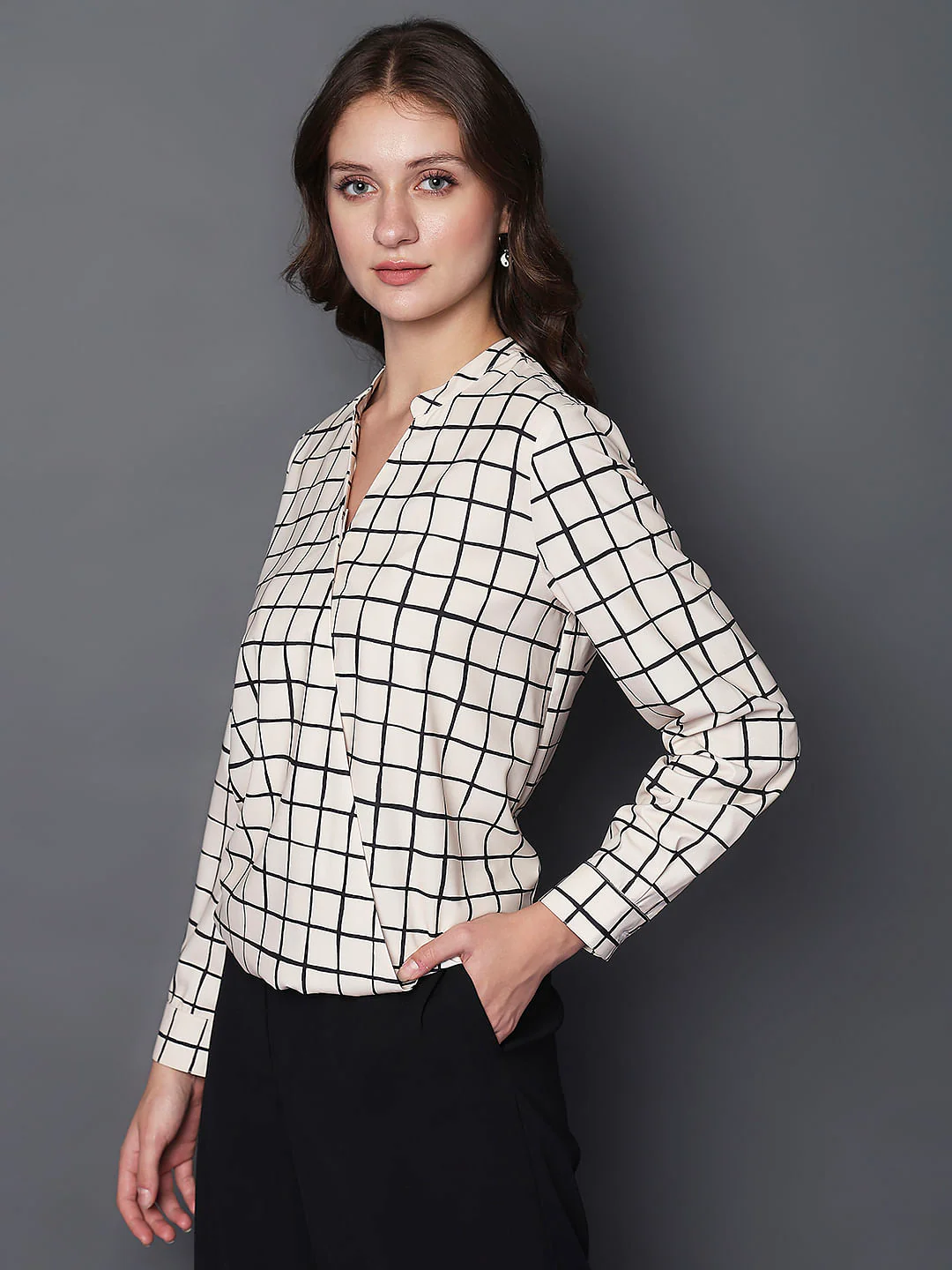 Beige Check Print Top - Image 3