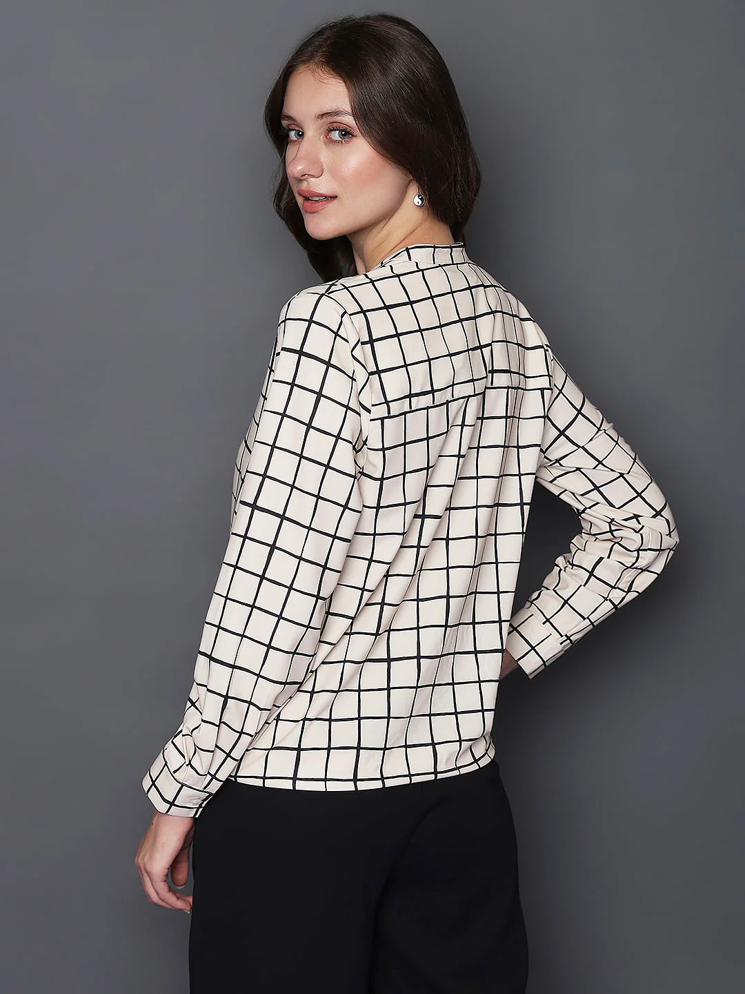 Beige Check Print Top - Image 4