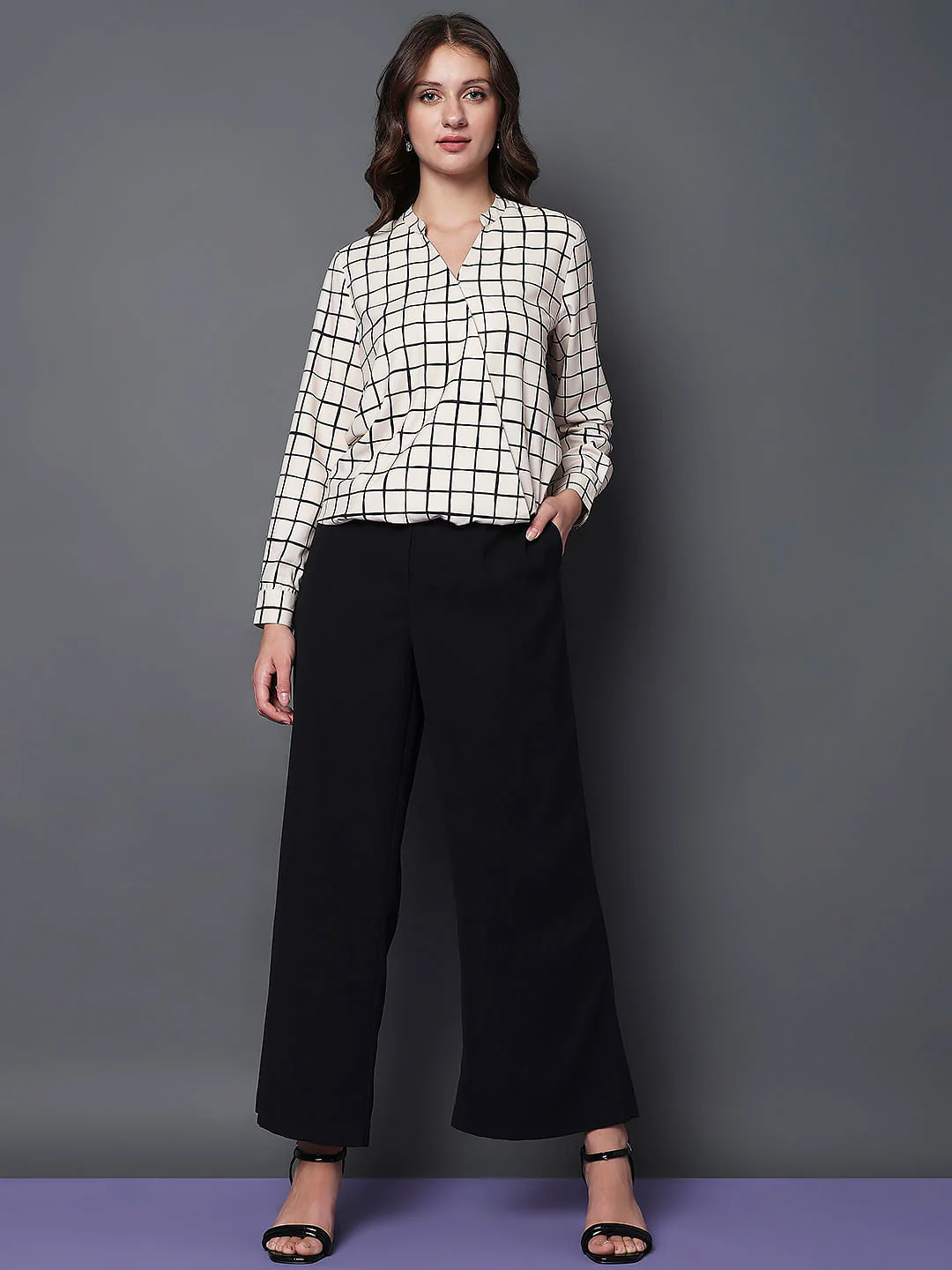 Beige Check Print Top - Image 5