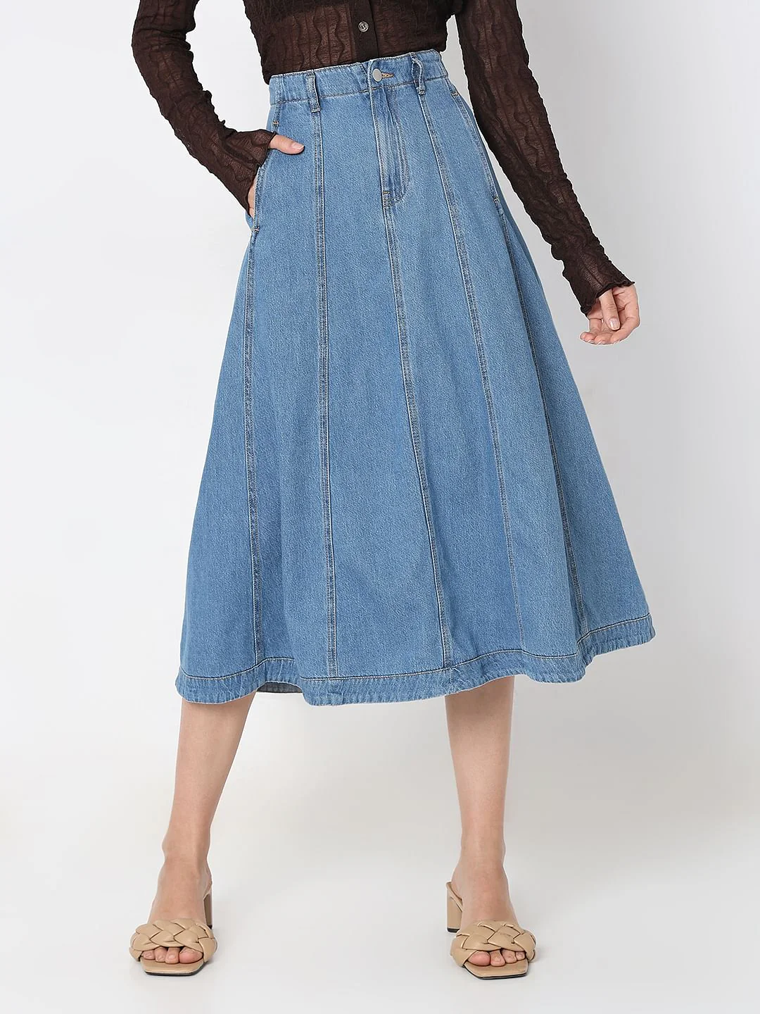 Blue High Rise Midi Denim Skirt - Image 2