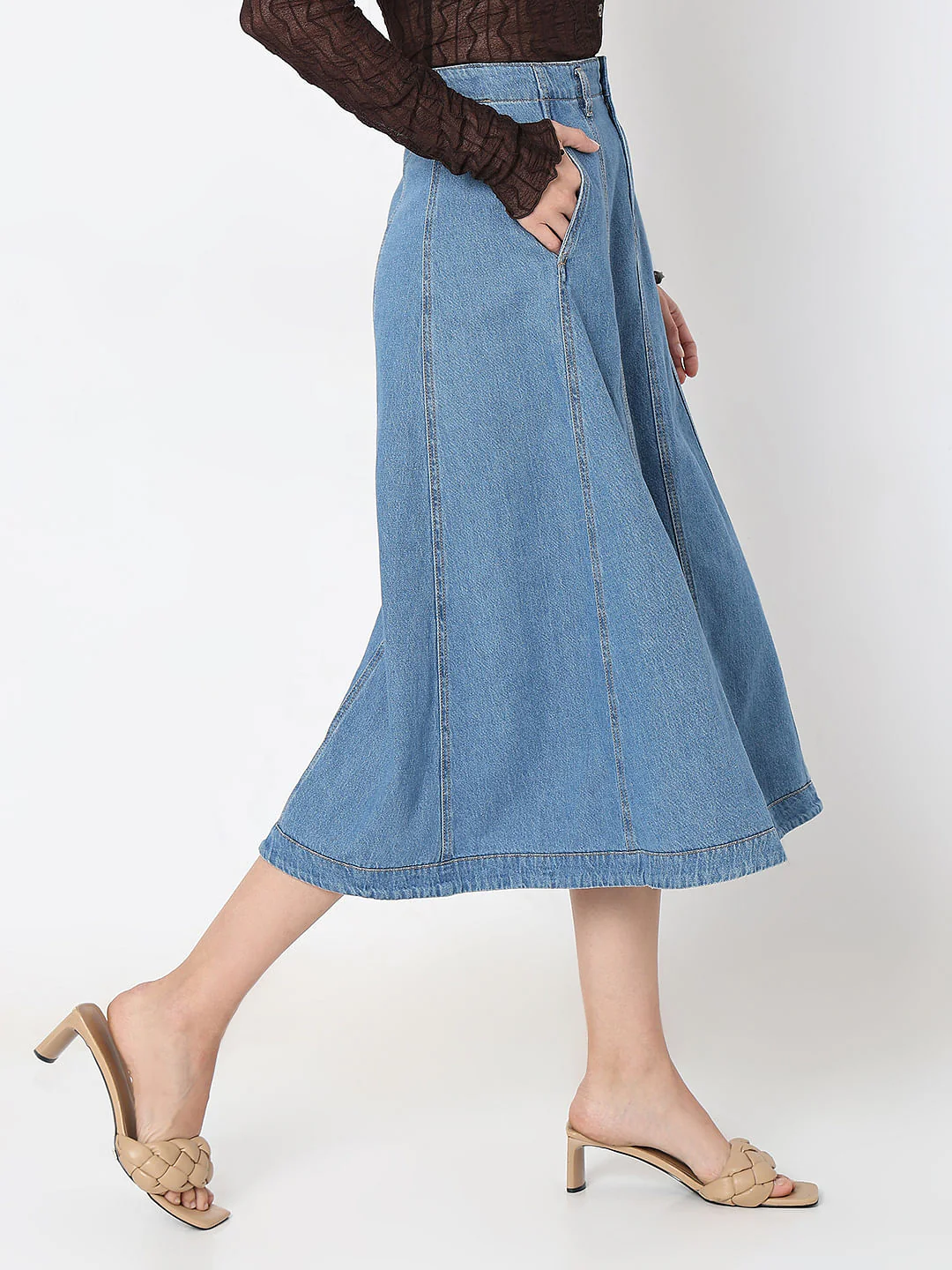 Blue High Rise Midi Denim Skirt - Image 3