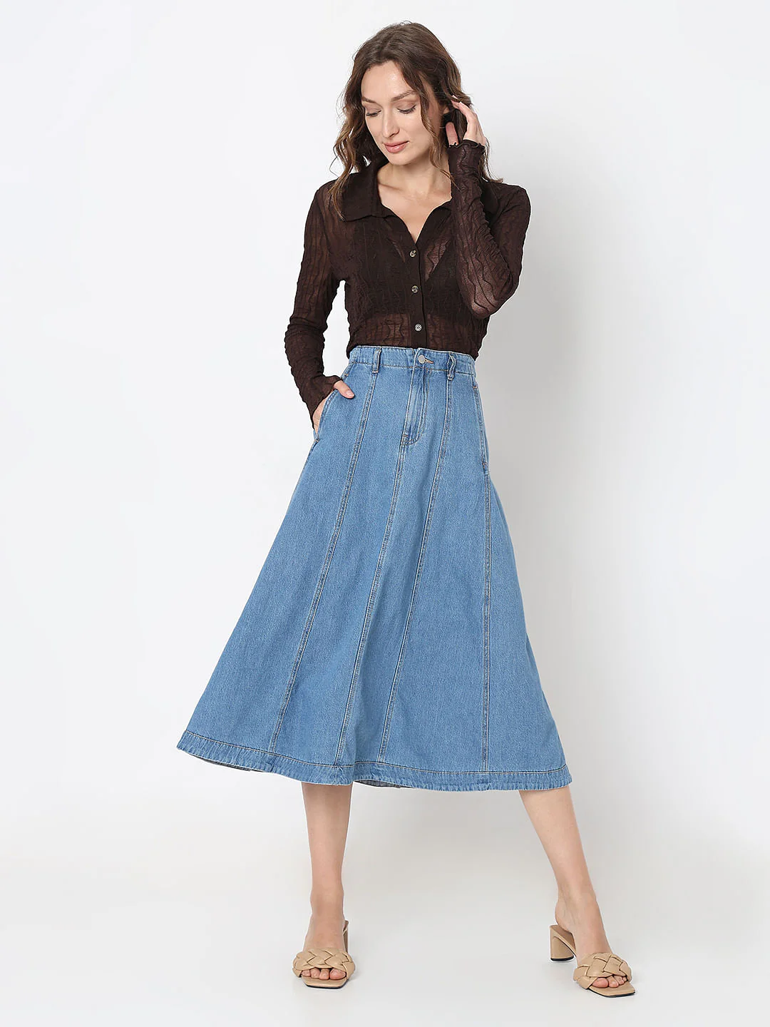 Blue High Rise Midi Denim Skirt - Image 5