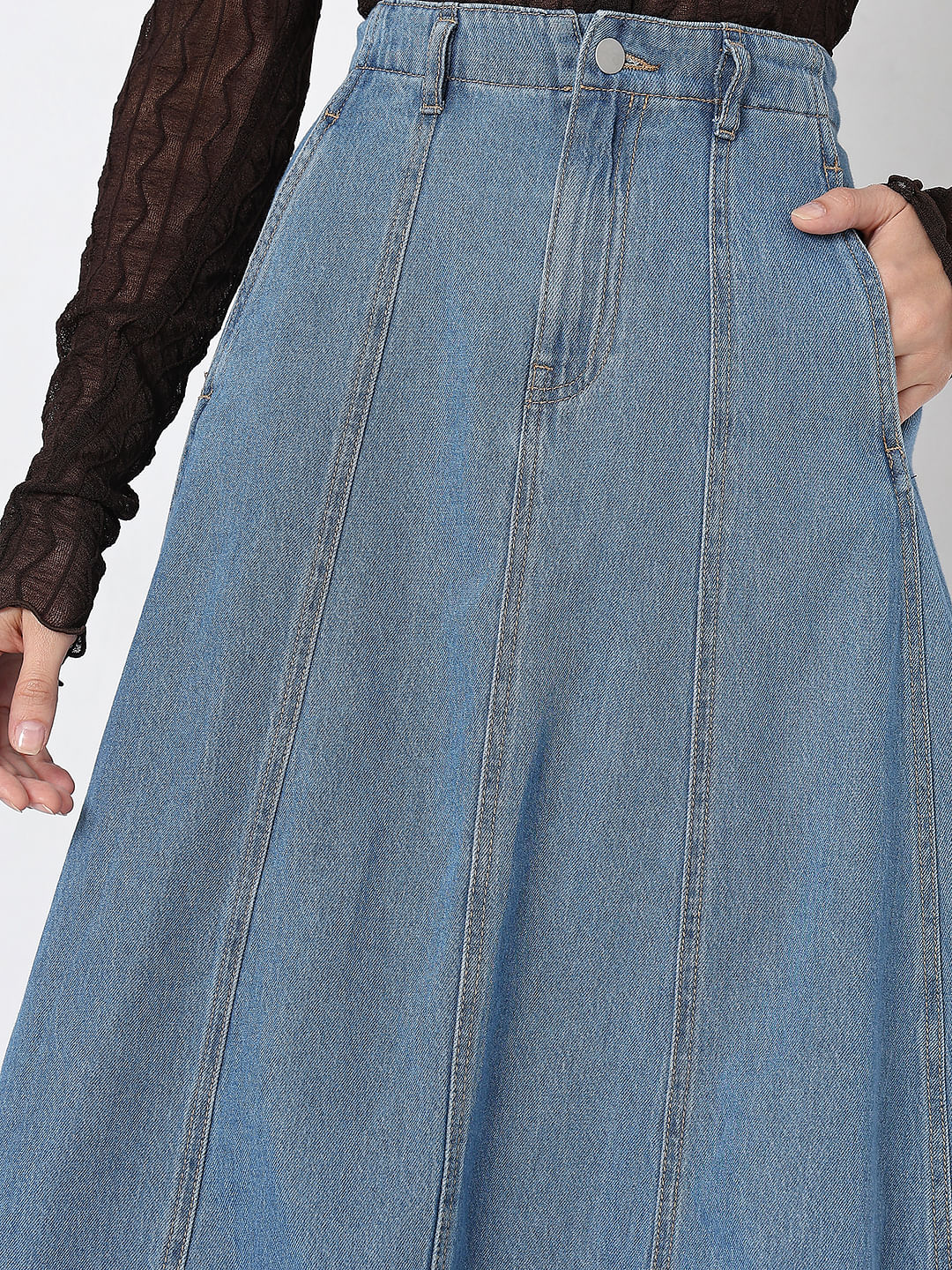 Blue High Rise Midi Denim Skirt - Image 6