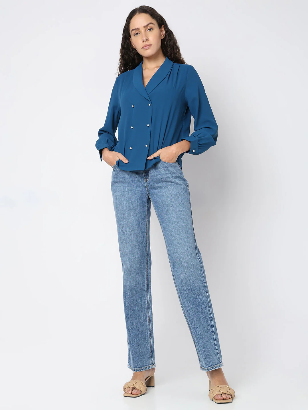 Blue Shawl Collar Top - Image 5