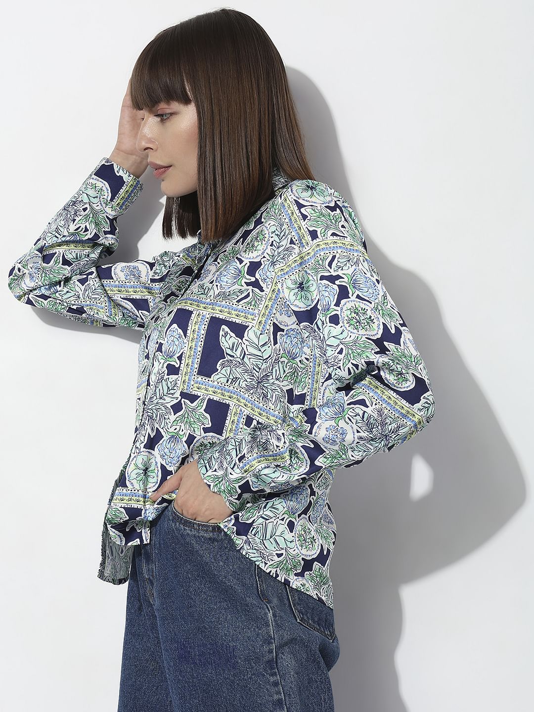 Navy Blue Floral Print Shirt - Image 3