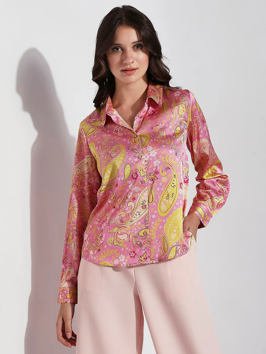 Pink Paisley Print Satin Shirt - Image 2