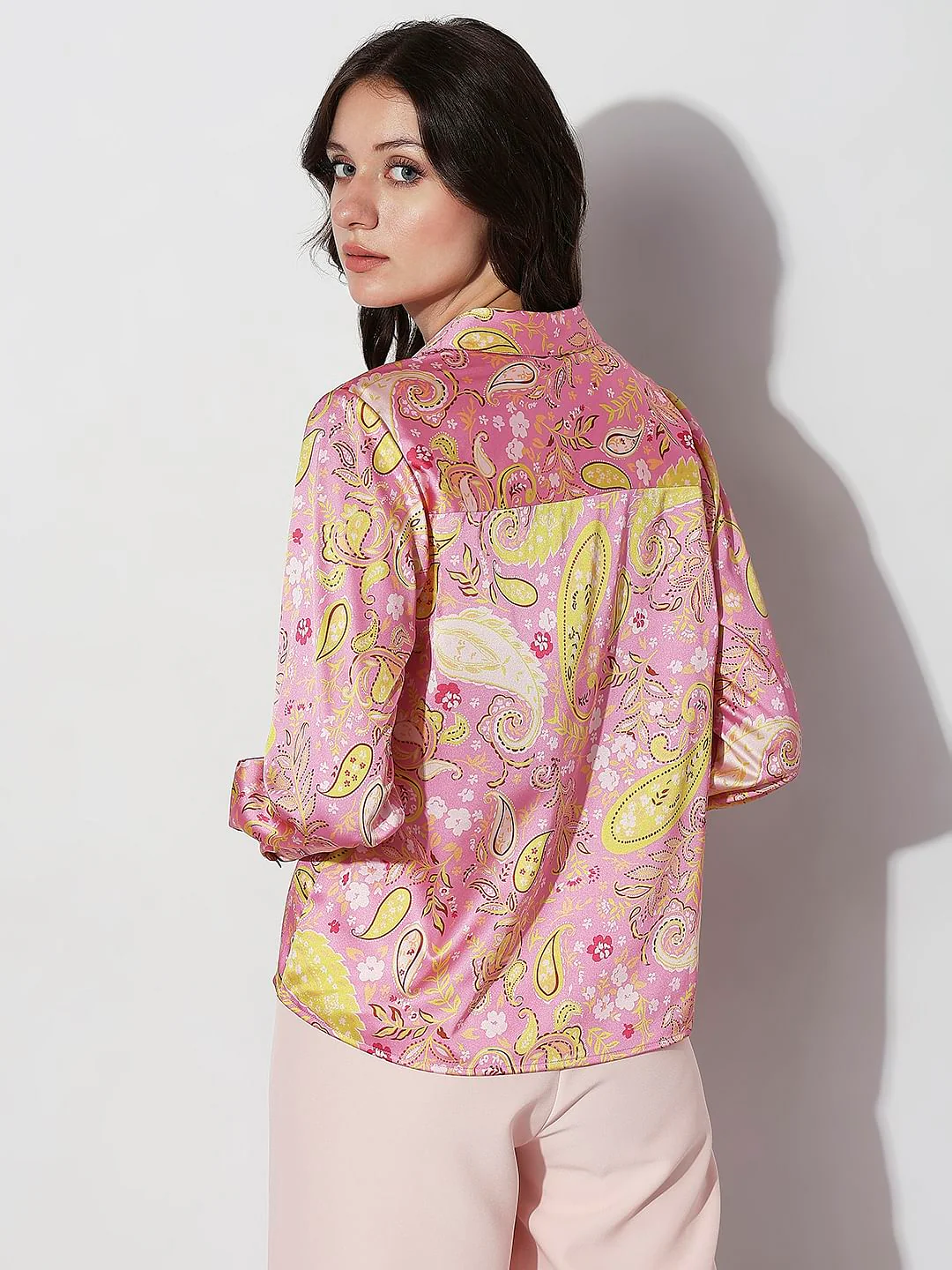 Pink Paisley Print Satin Shirt - Image 4