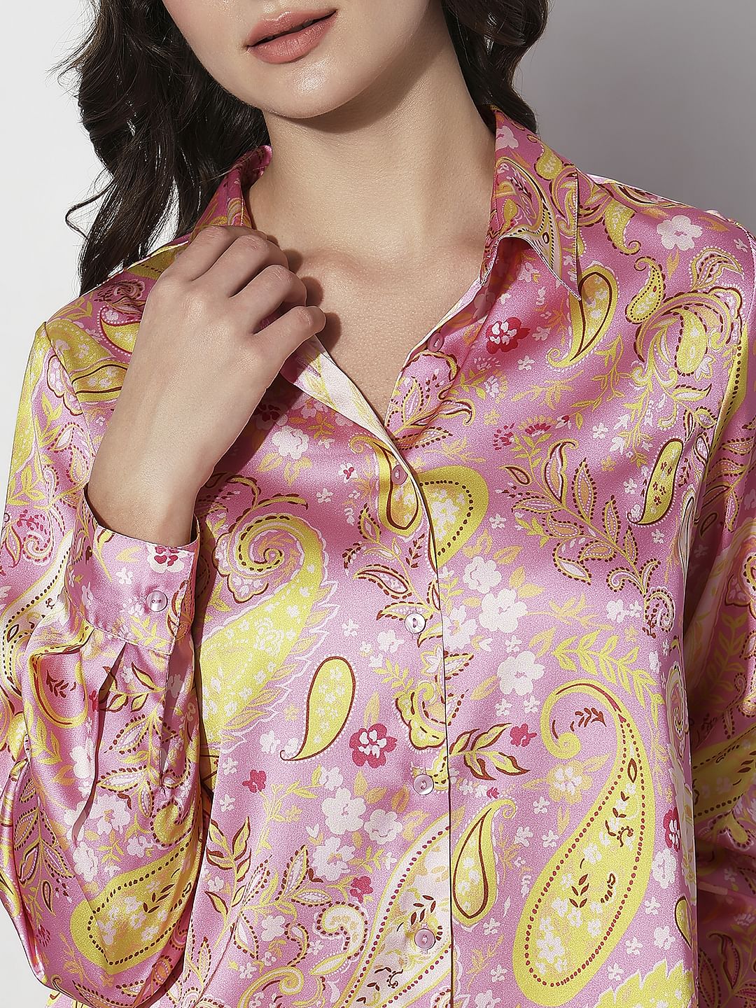 Pink Paisley Print Satin Shirt - Image 6