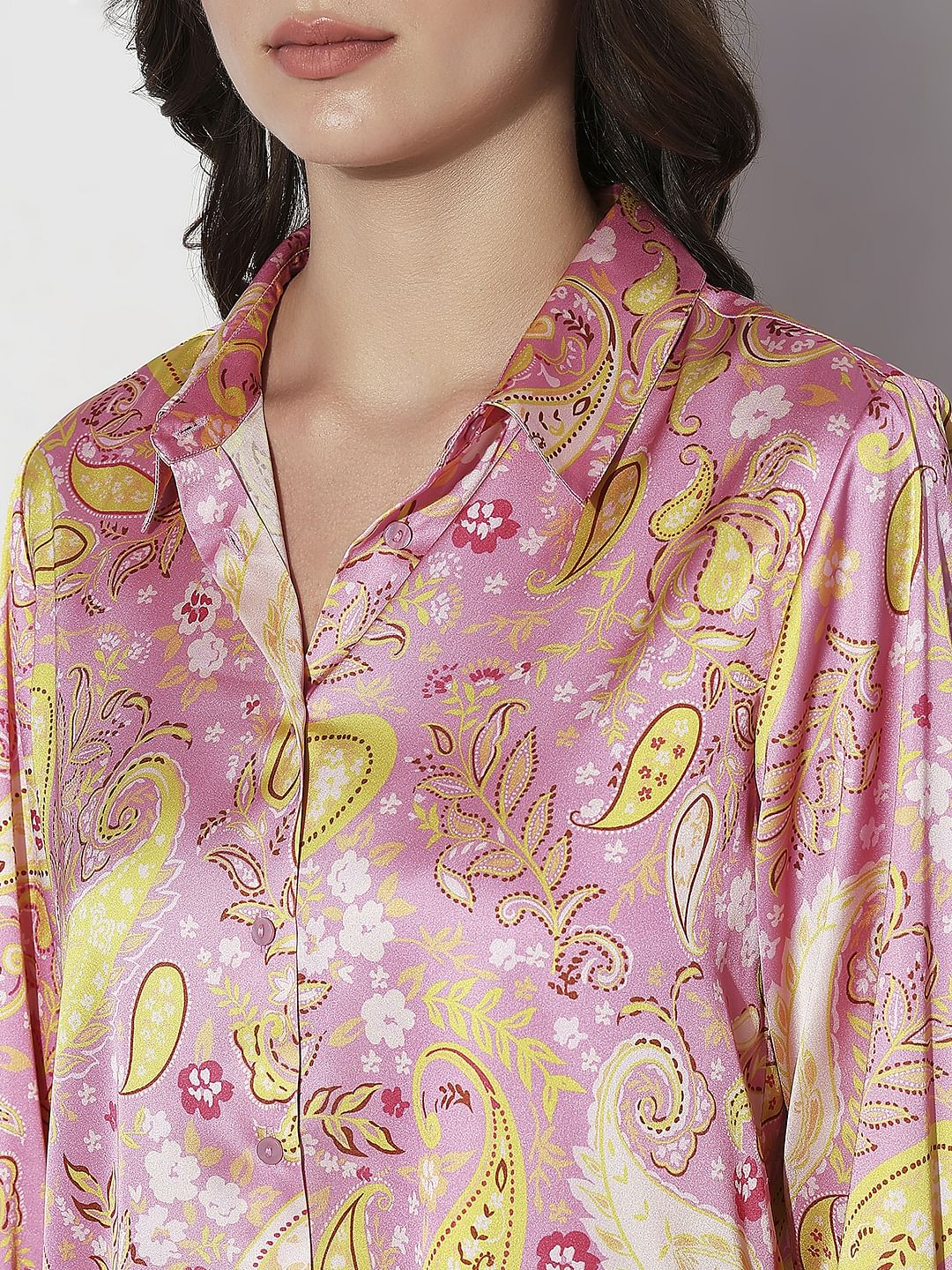 Pink Paisley Print Satin Shirt - Image 8