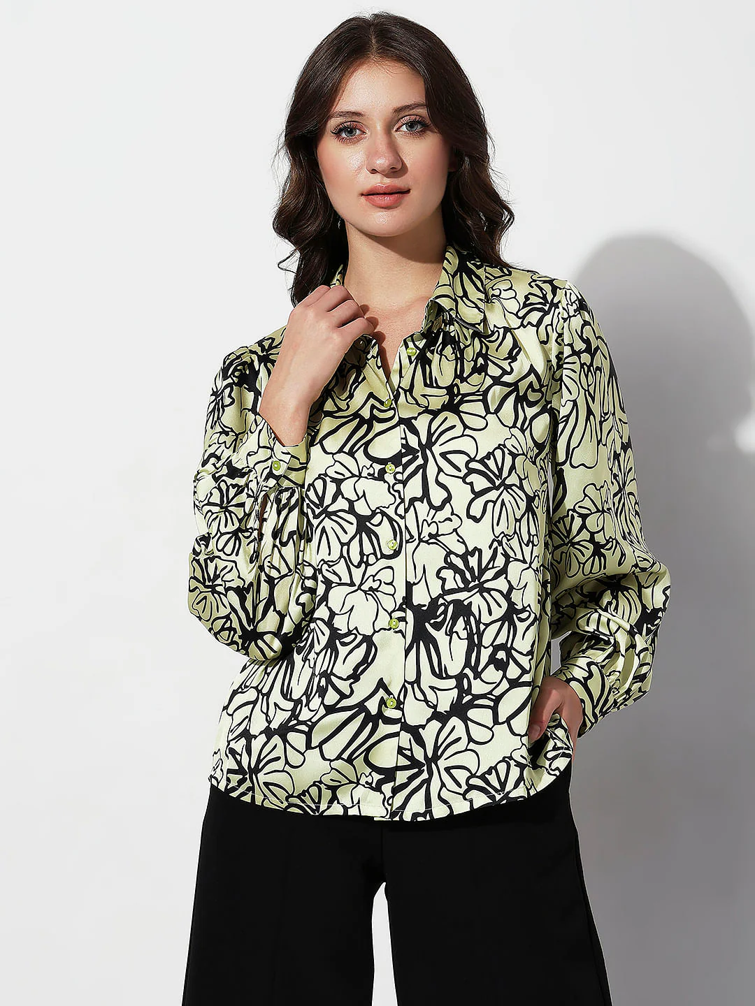 Green Floral Print Satin Shirt - Image 2