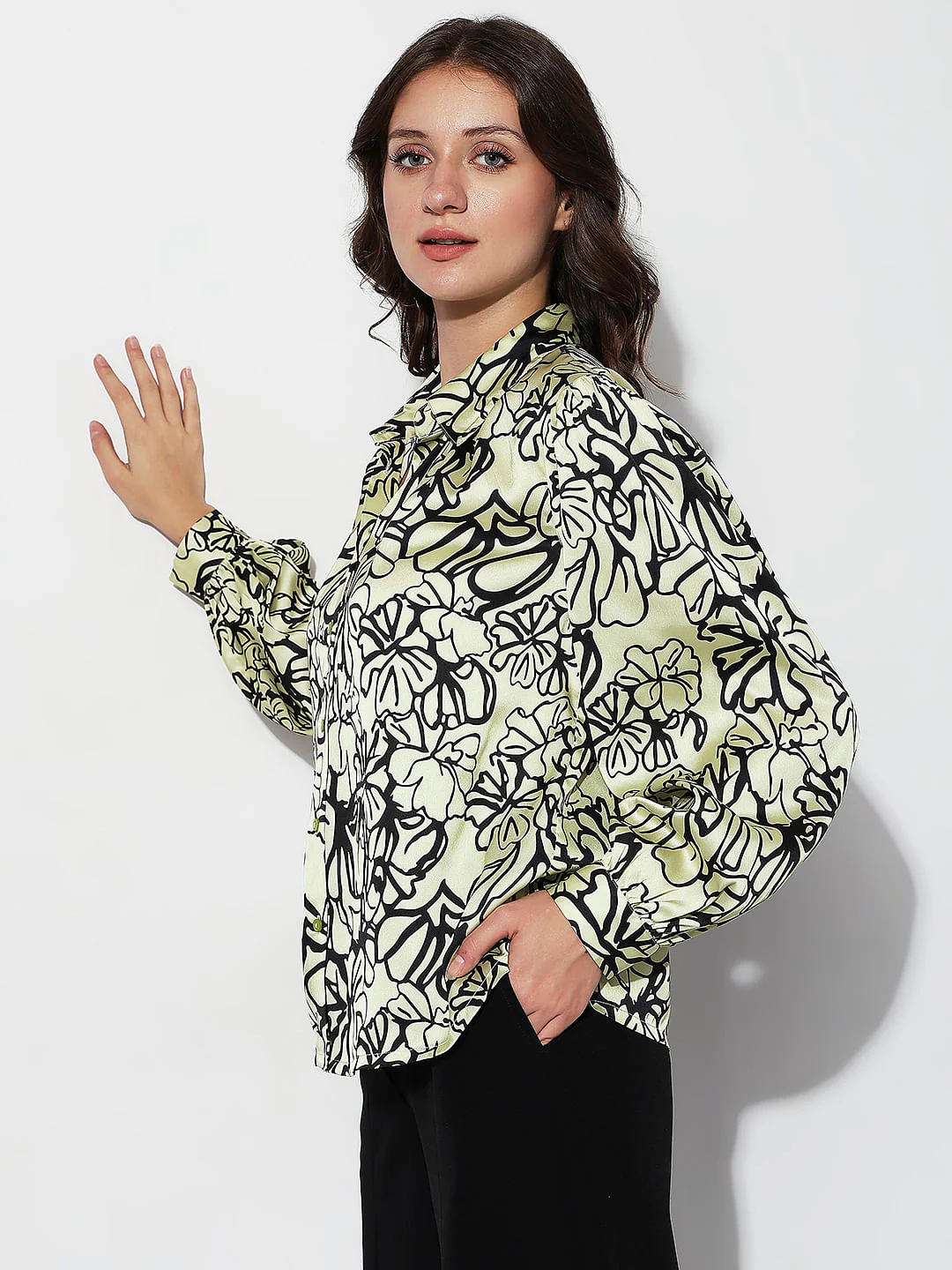 Green Floral Print Satin Shirt - Image 3