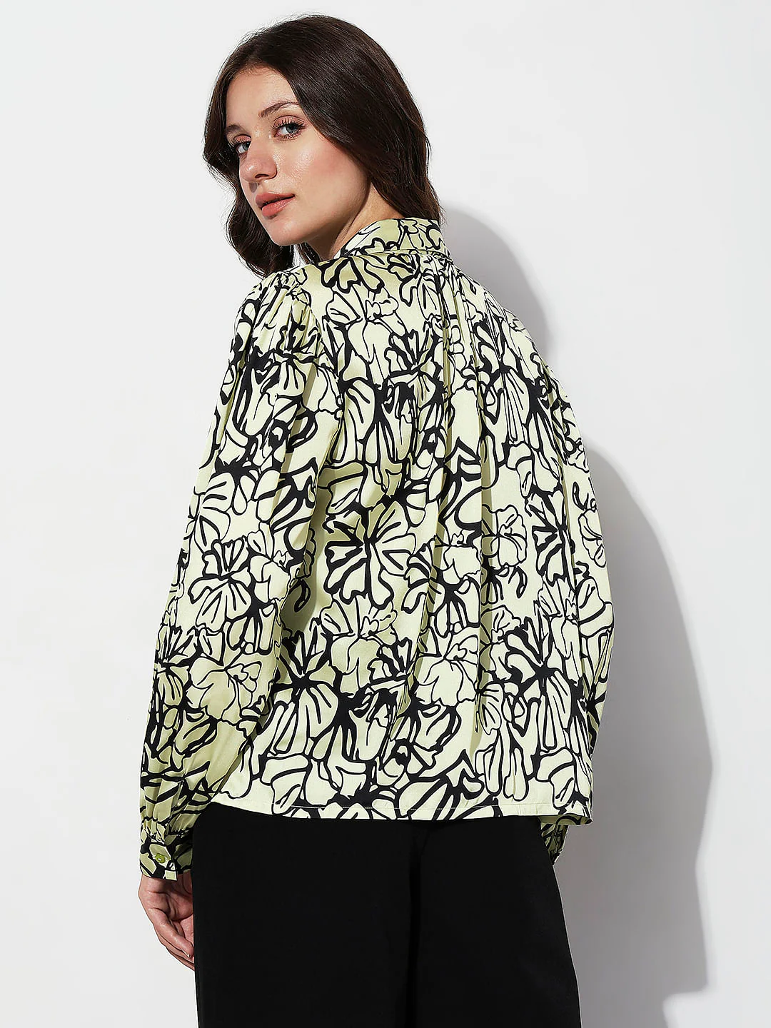 Green Floral Print Satin Shirt - Image 4