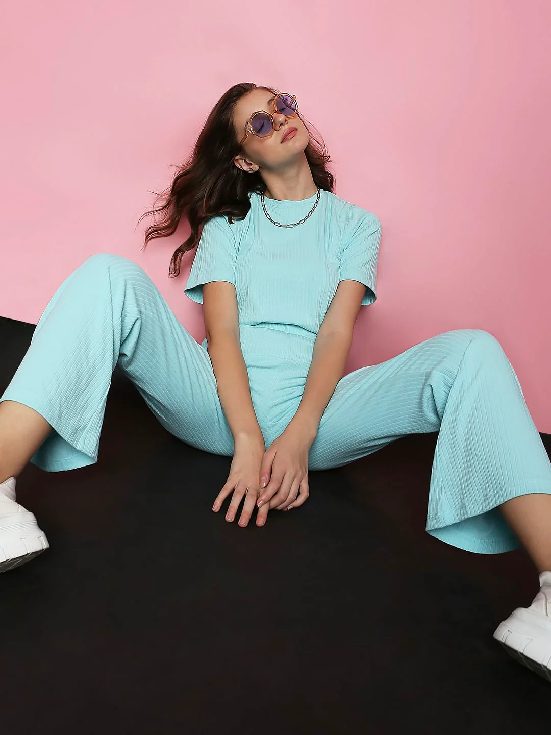 Blue High Rise Ribbed Wide Leg Pants