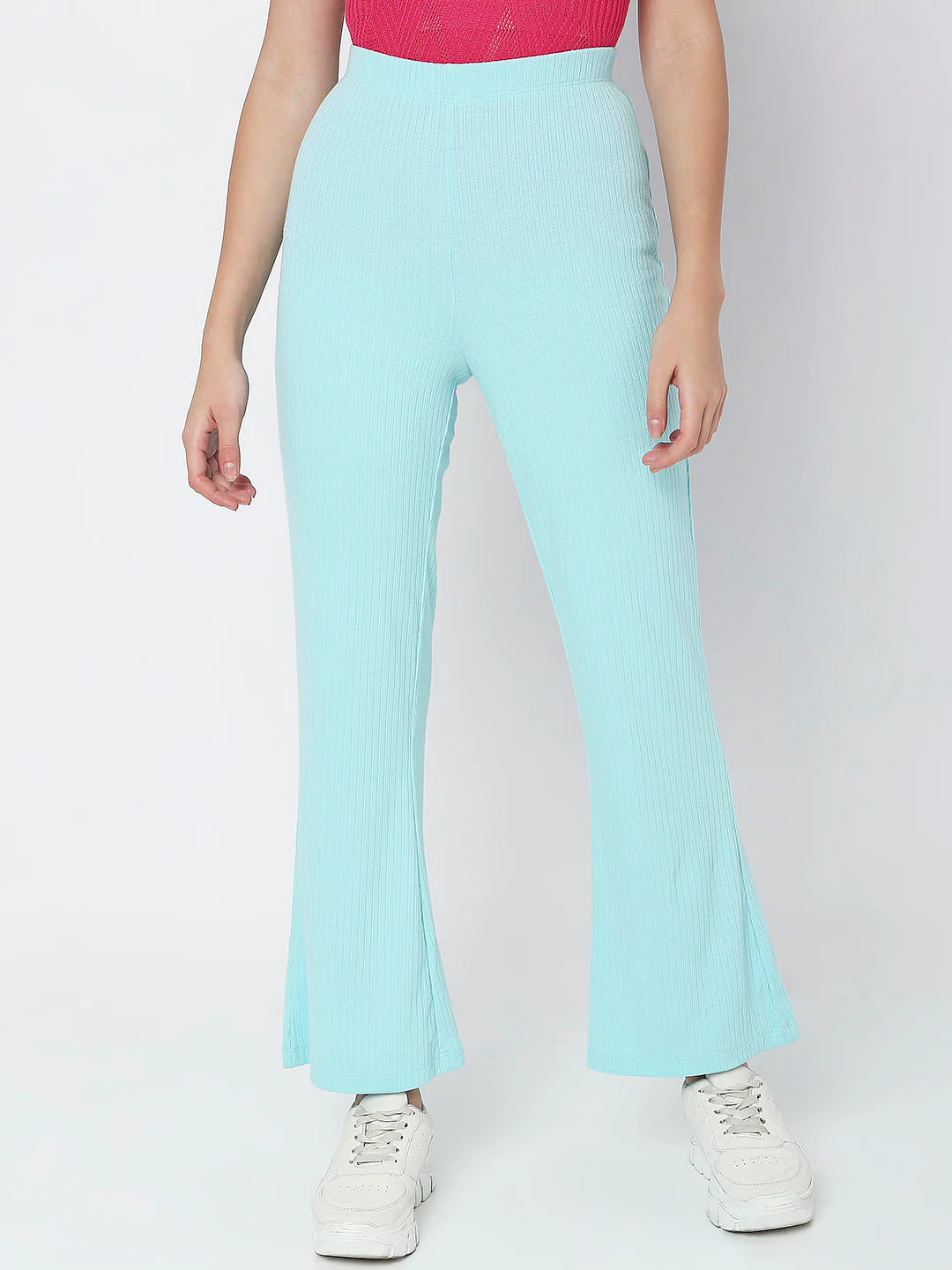 Blue High Rise Ribbed Wide Leg Pants - Image 2