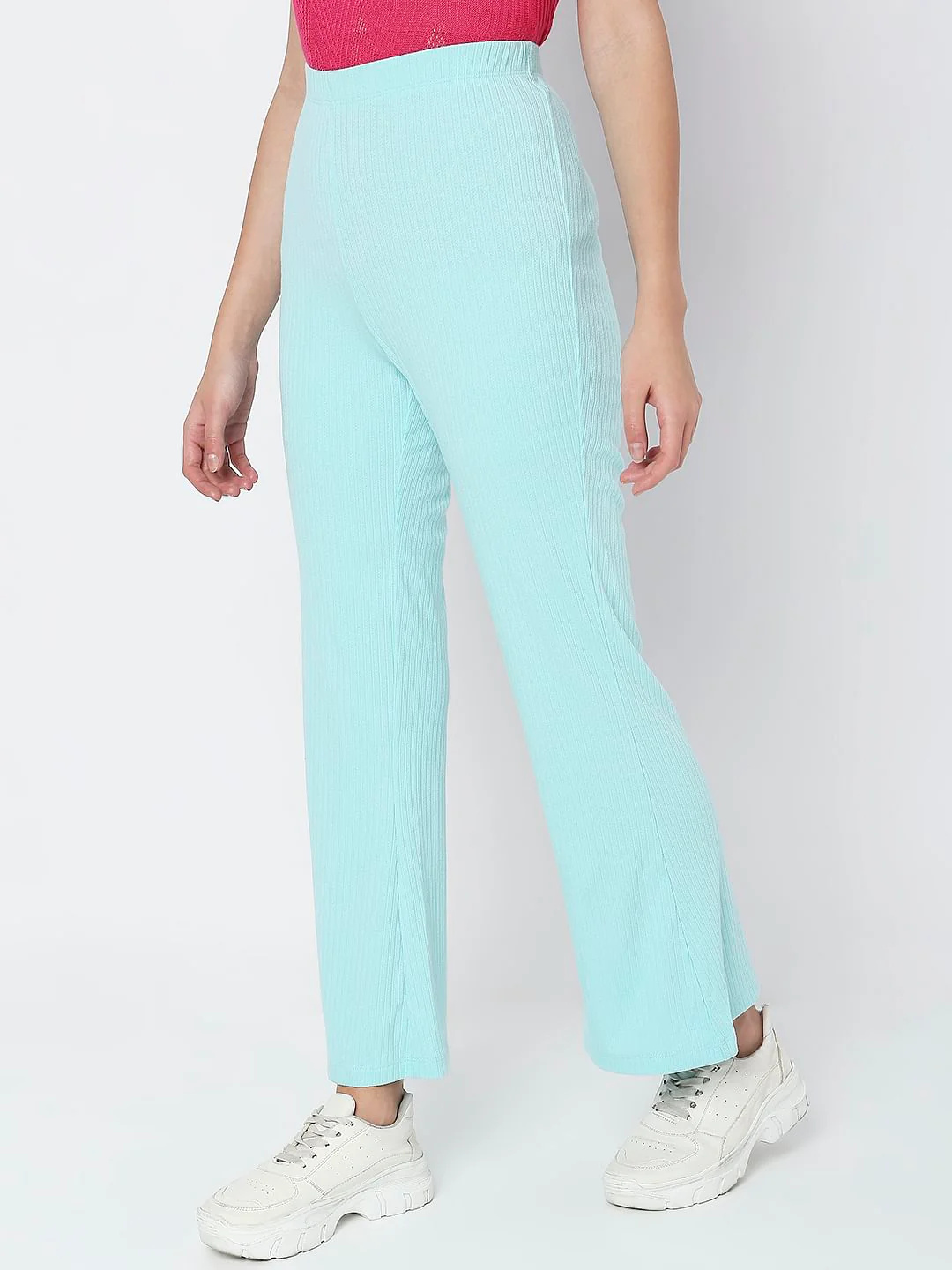 Blue High Rise Ribbed Wide Leg Pants - Image 3