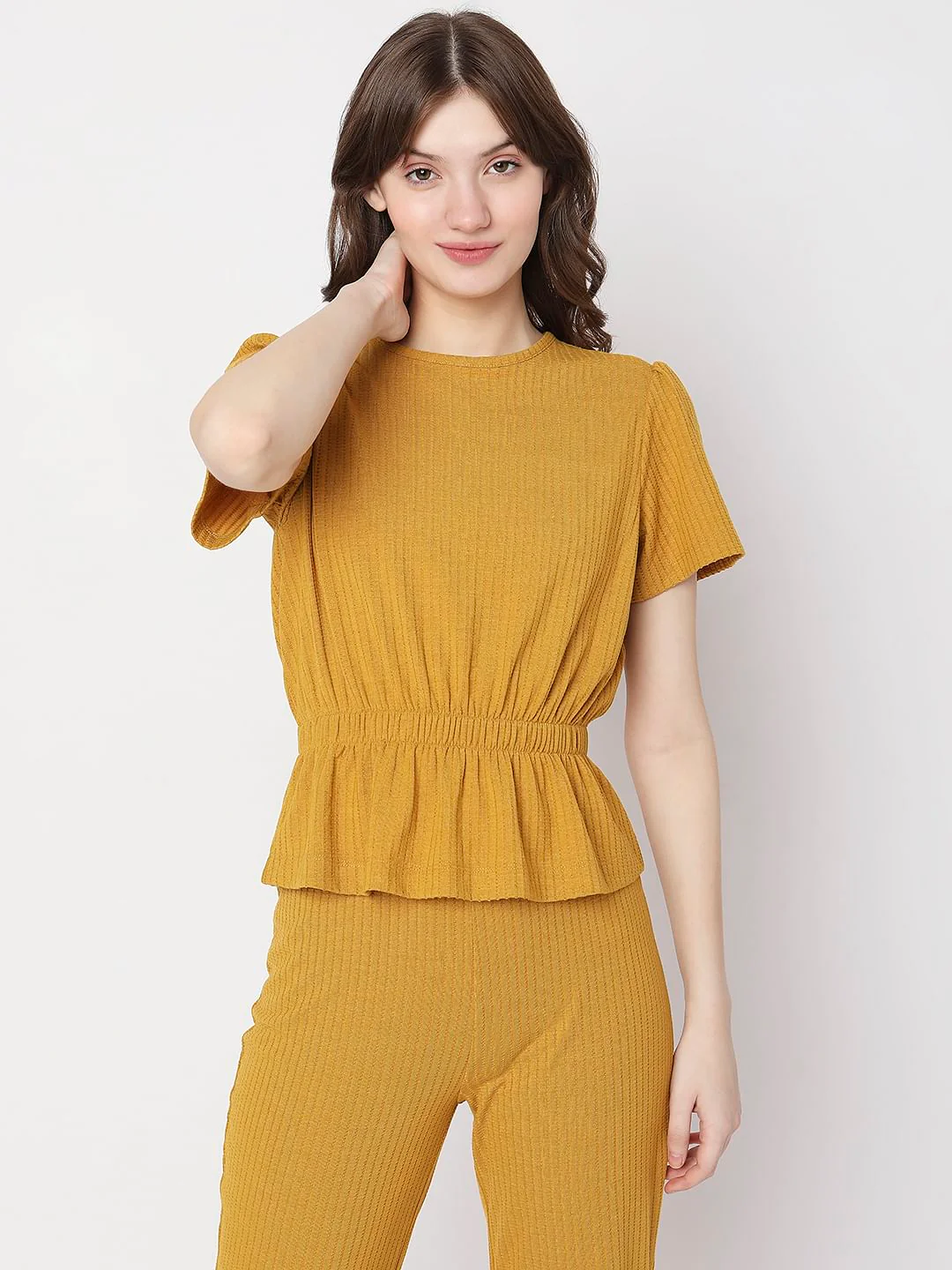 Mustard Ribbed Peplum Co-Ord Set Top - Image 2