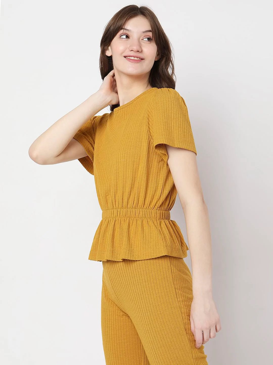 Mustard Ribbed Peplum Co-Ord Set Top - Image 3