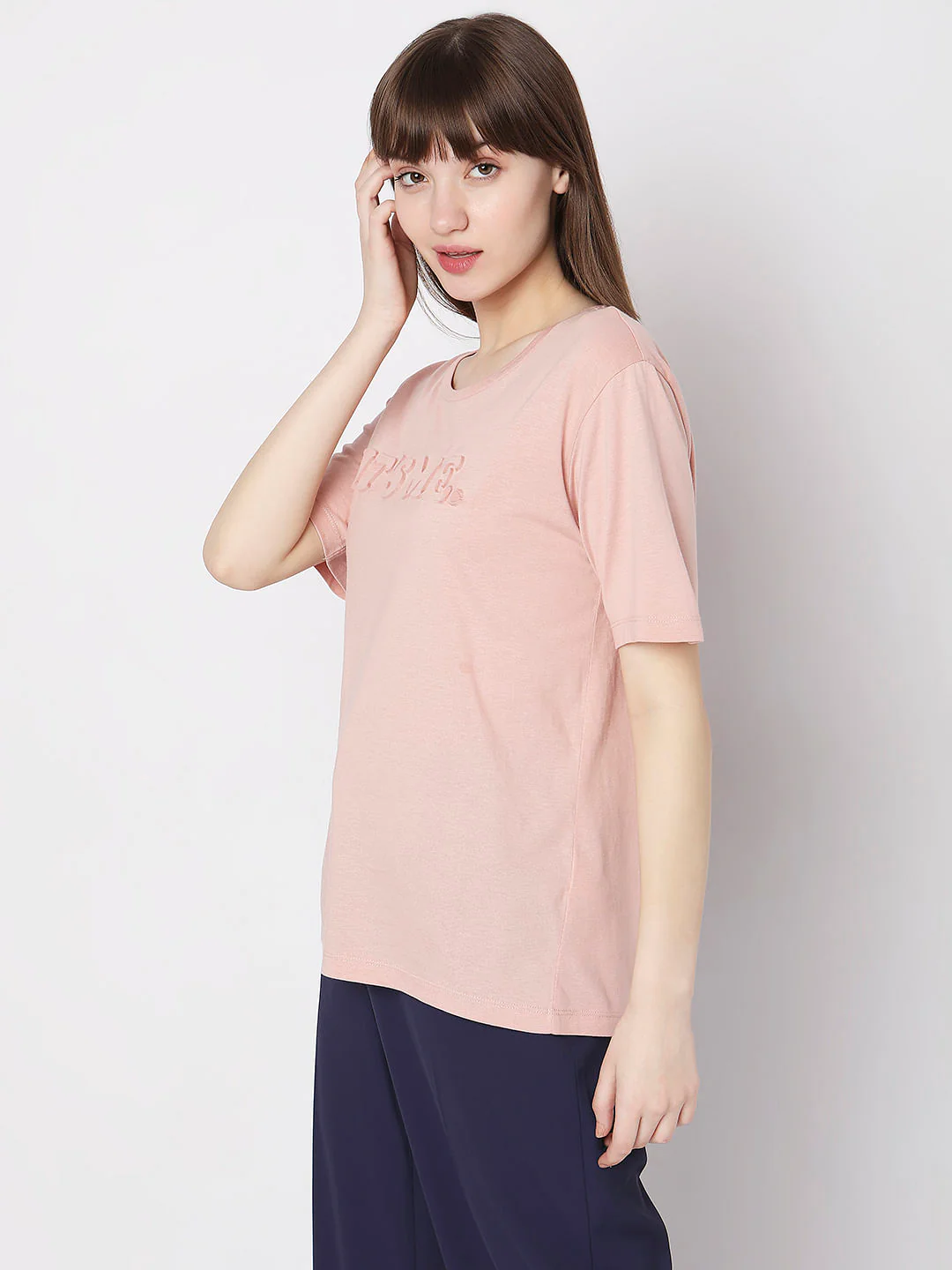 Pink Text Embossed Print T-Shirt - Image 3