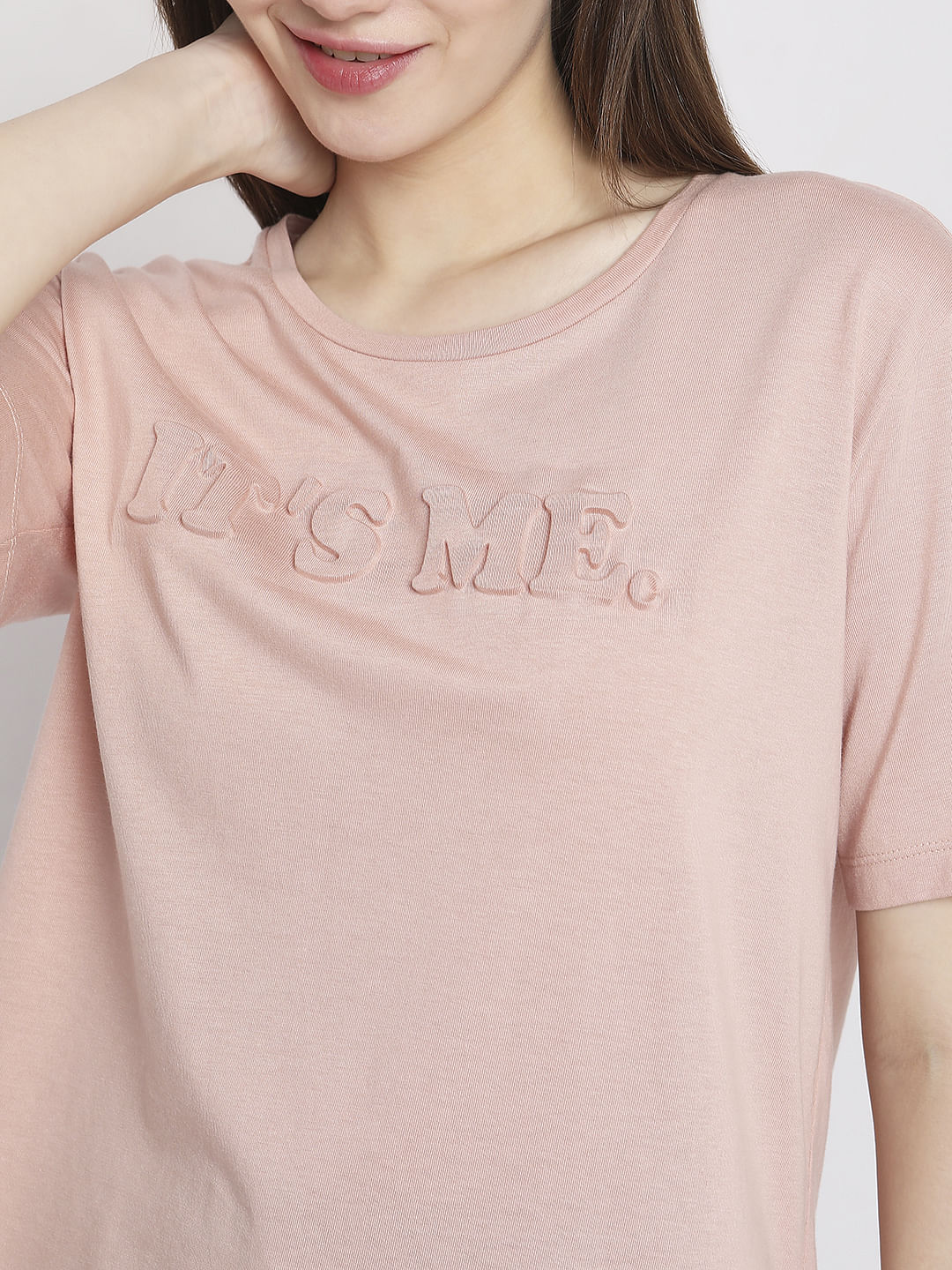 Pink Text Embossed Print T-Shirt - Image 6