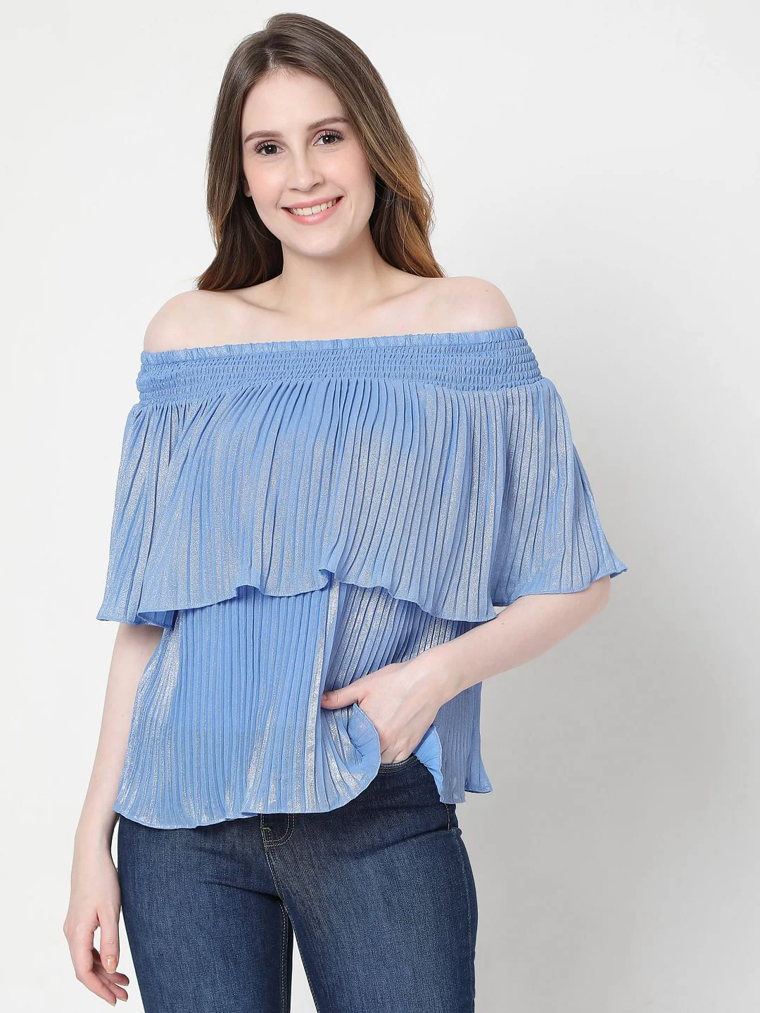Blue Off-Shoulder Pleated Top - Image 2