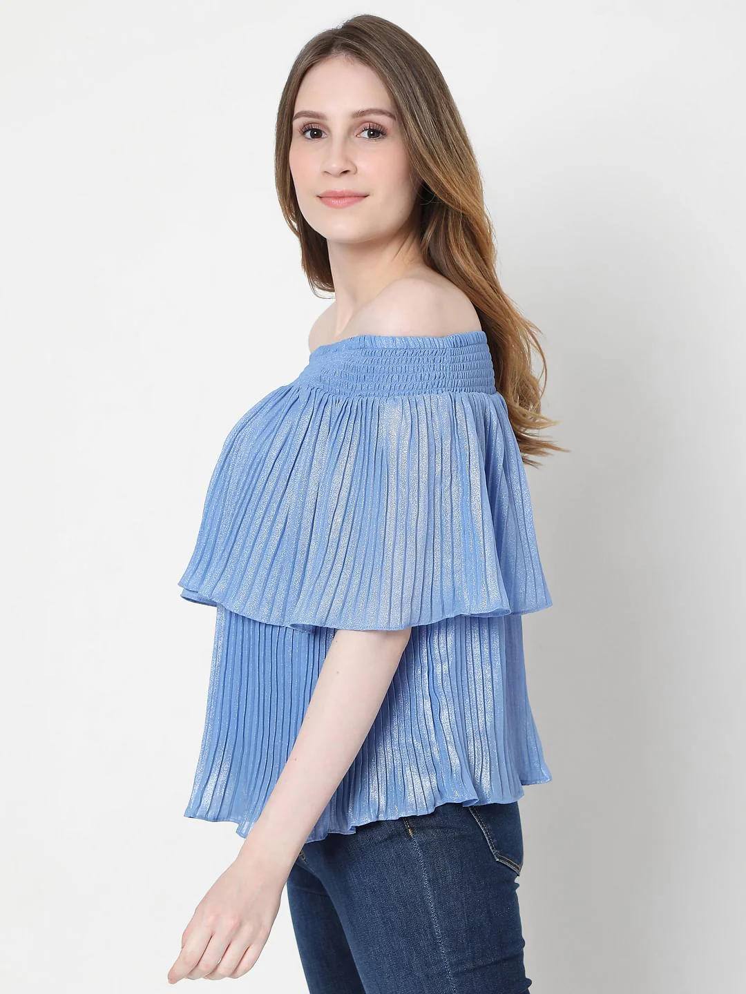 Blue Off-Shoulder Pleated Top - Image 3