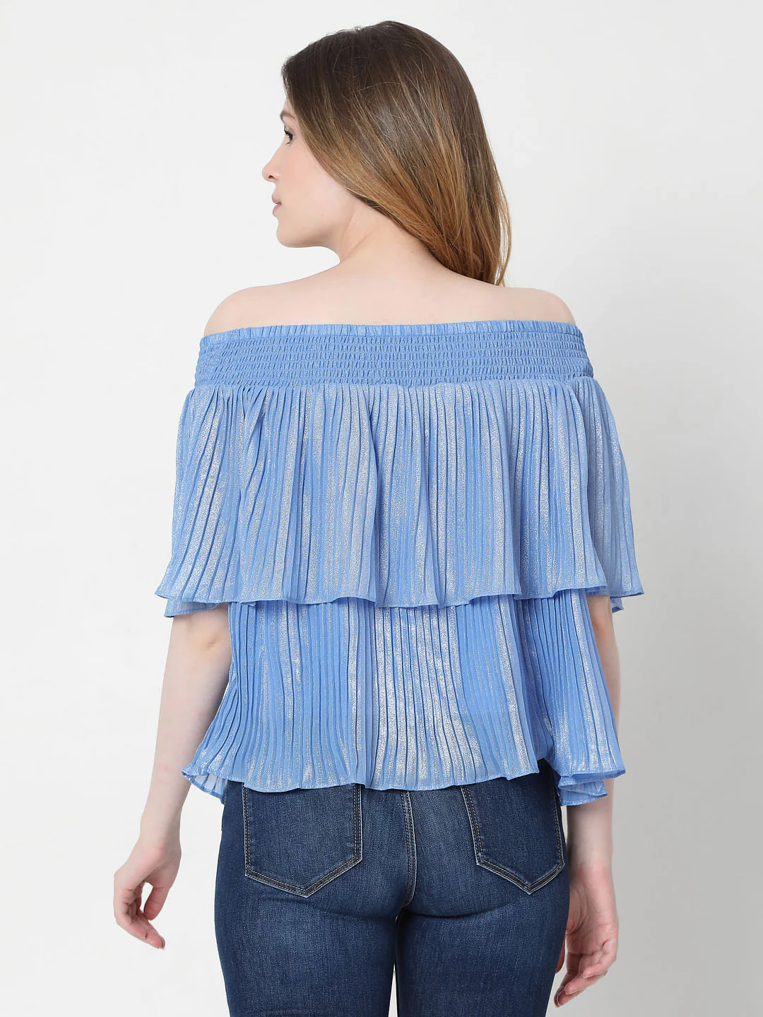 Blue Off-Shoulder Pleated Top - Image 4