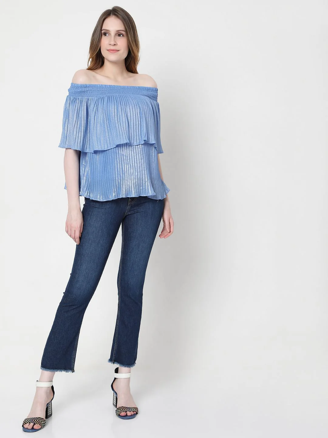 Blue Off-Shoulder Pleated Top - Image 5