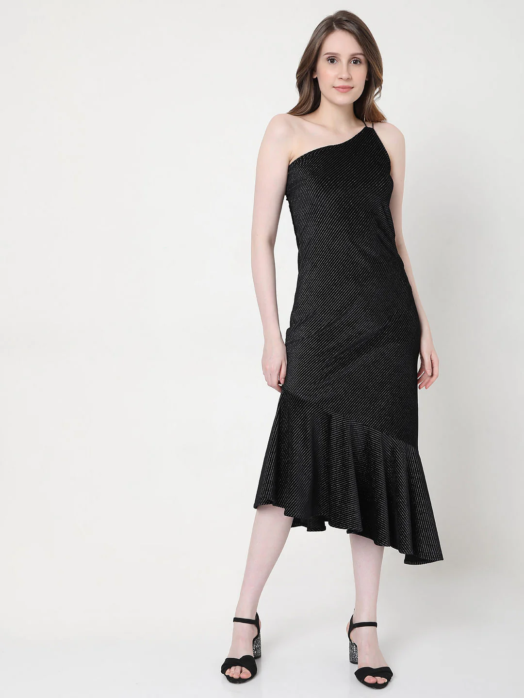 Black One Shoulder Striped Dress - Image 2