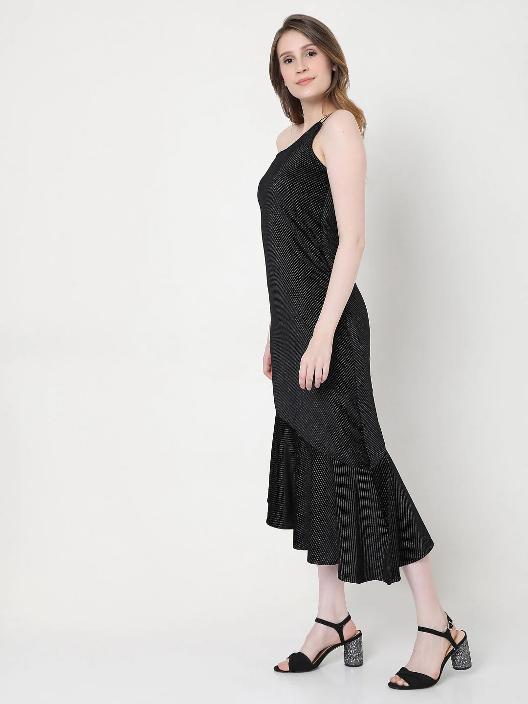 Black One Shoulder Striped Dress - Image 3