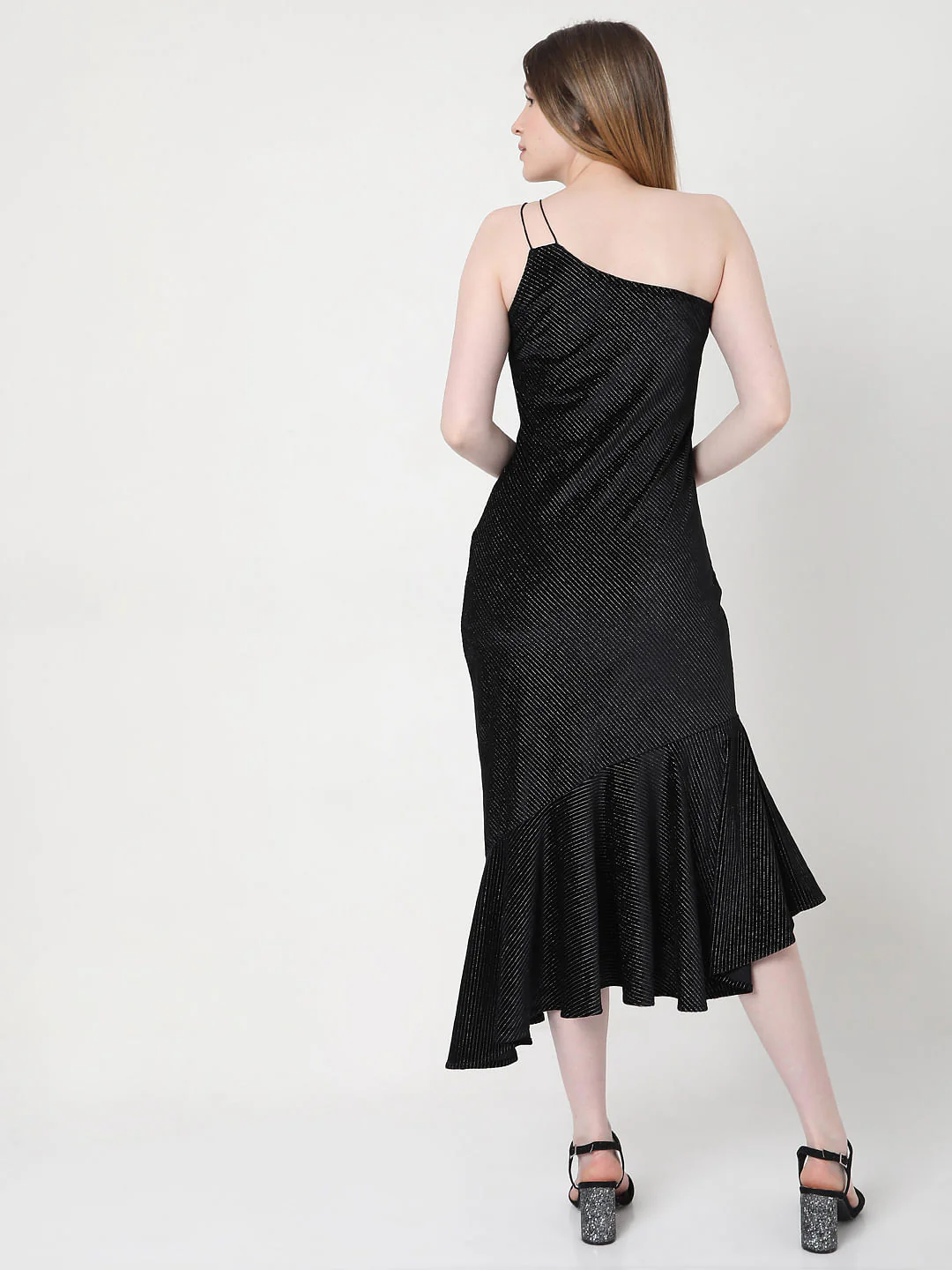Black One Shoulder Striped Dress - Image 4