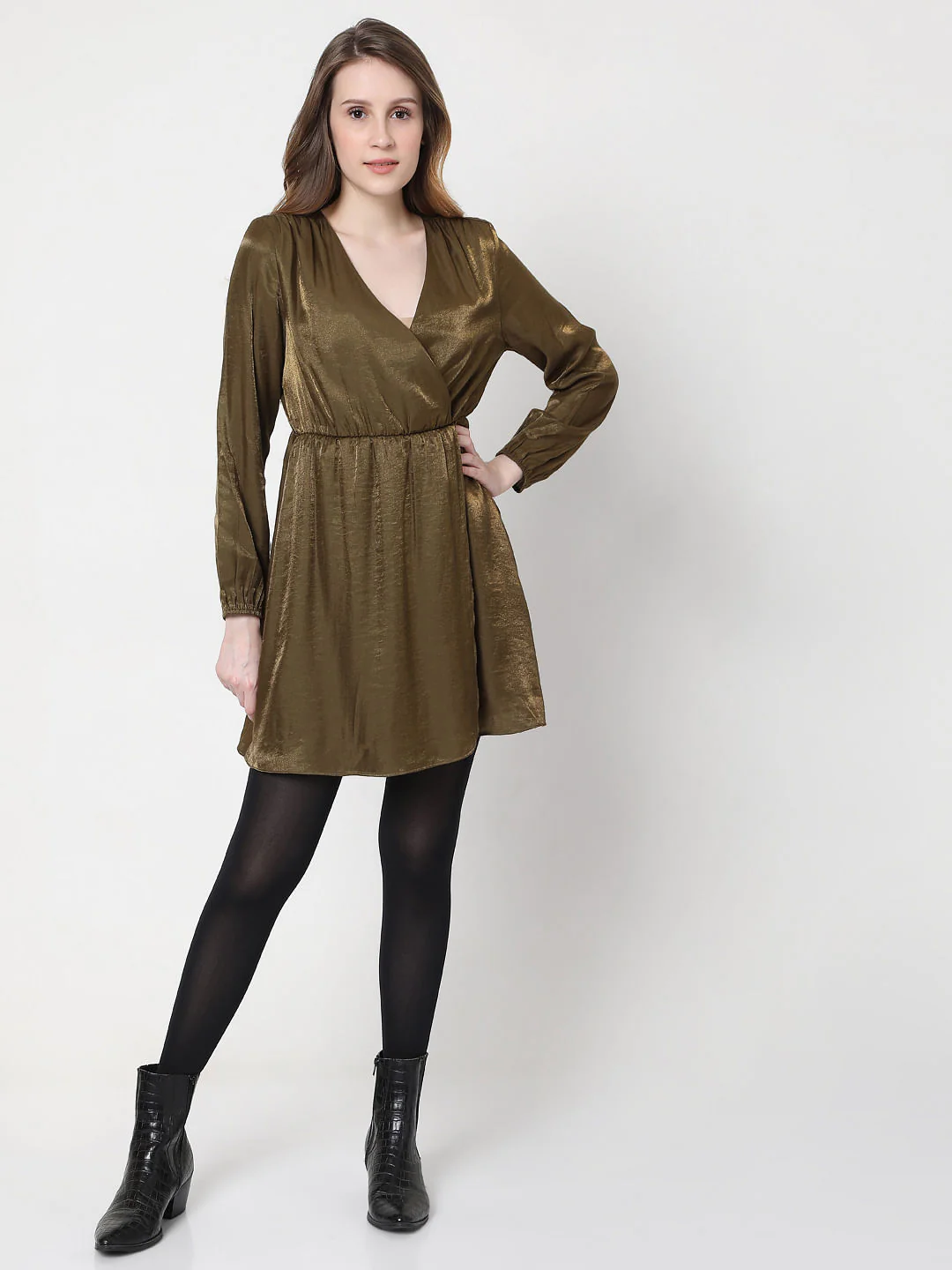 Green Metallic Overlap Dress - Image 5